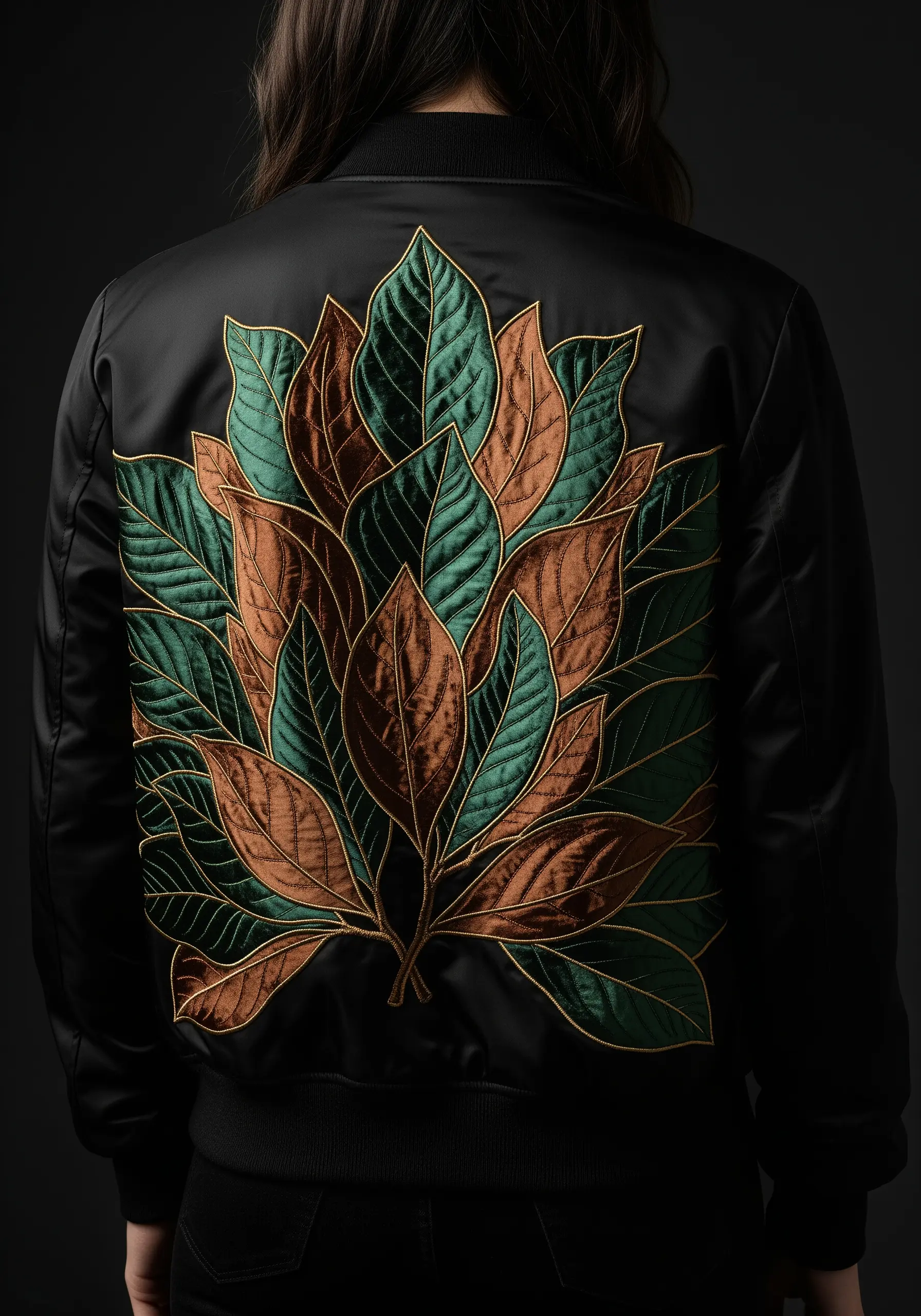 A back panel of overlapping magnolia leaves in copper and teal embroidery.