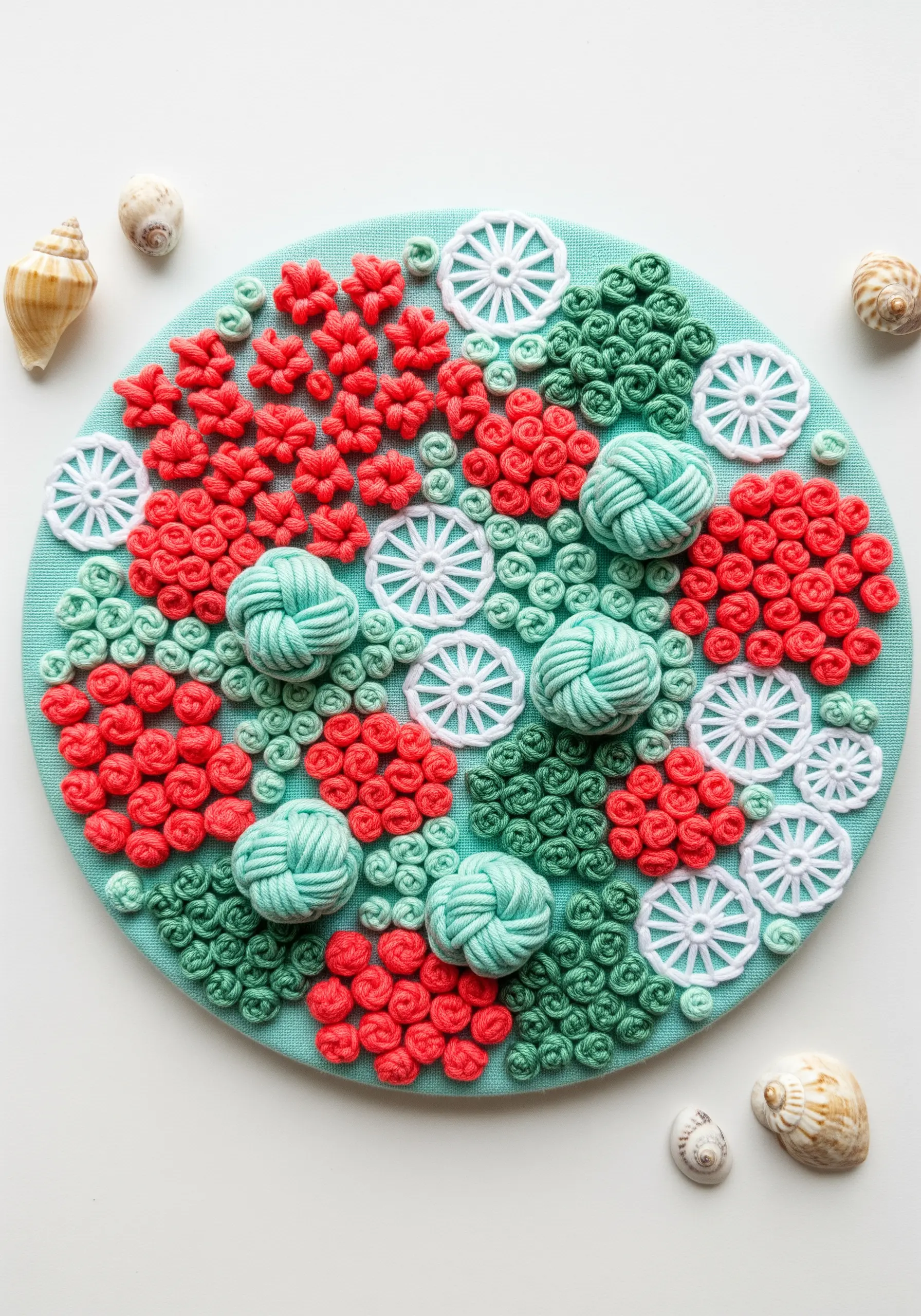 Embroidery hoop filled with dimensional red, green, and white stitches like bullion knots and woven wheels.
