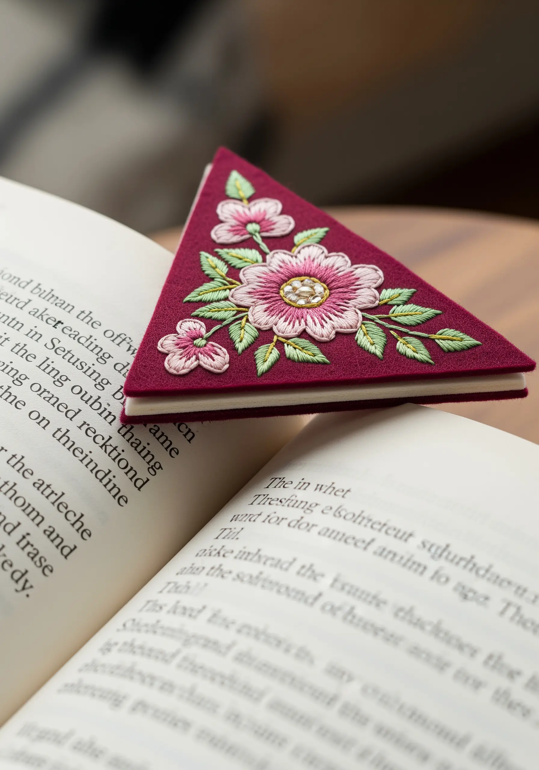 A felt corner bookmark embroidered with thread-painted pink flowers and green leaves.