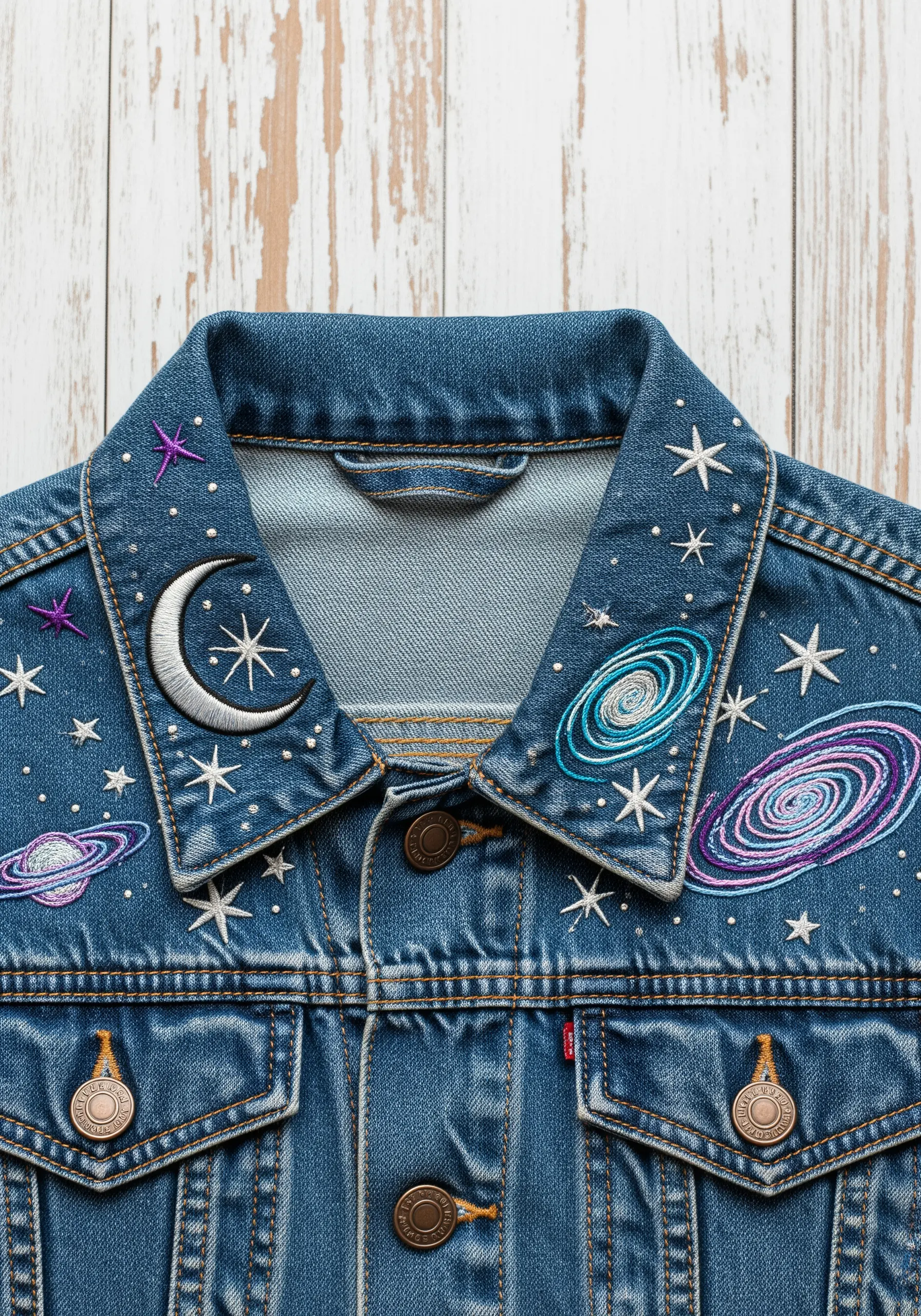 Collar of a denim jacket embroidered with a moon, stars, and colorful galaxies.