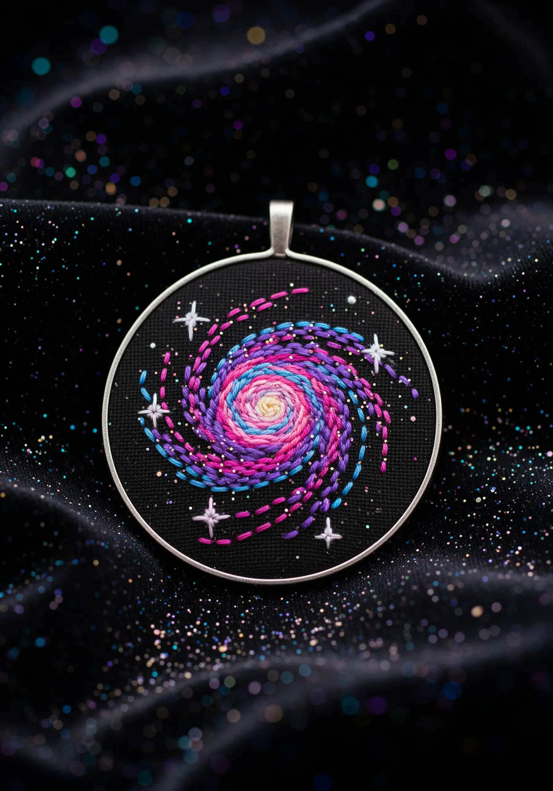 A spiral galaxy embroidered with pink, purple, and blue variegated thread on black fabric.