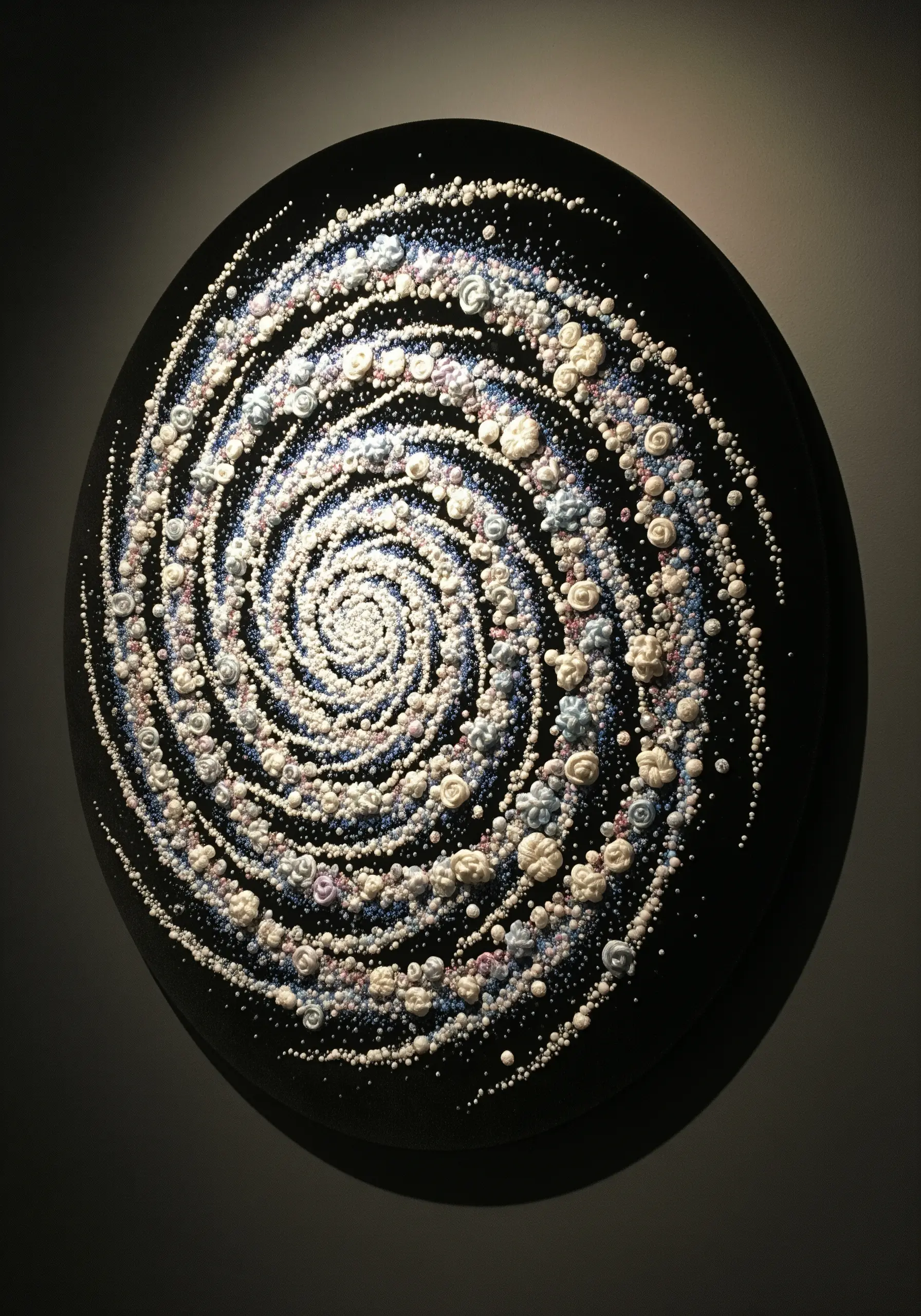 A spiral galaxy created with thousands of tiny white, blue, and pink French knots on black fabric.