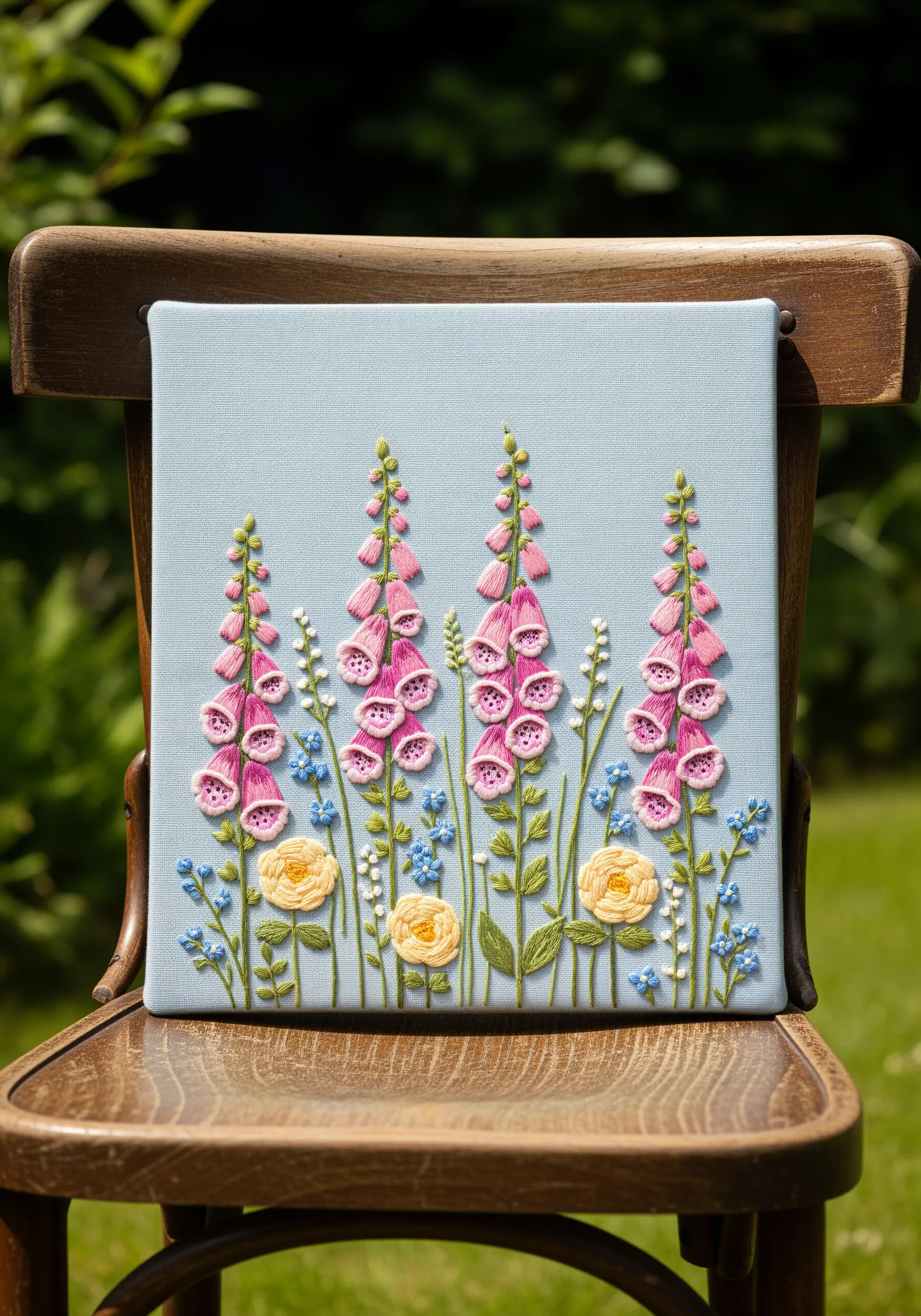 Embroidery of pink foxgloves and yellow roses on a light blue canvas.
