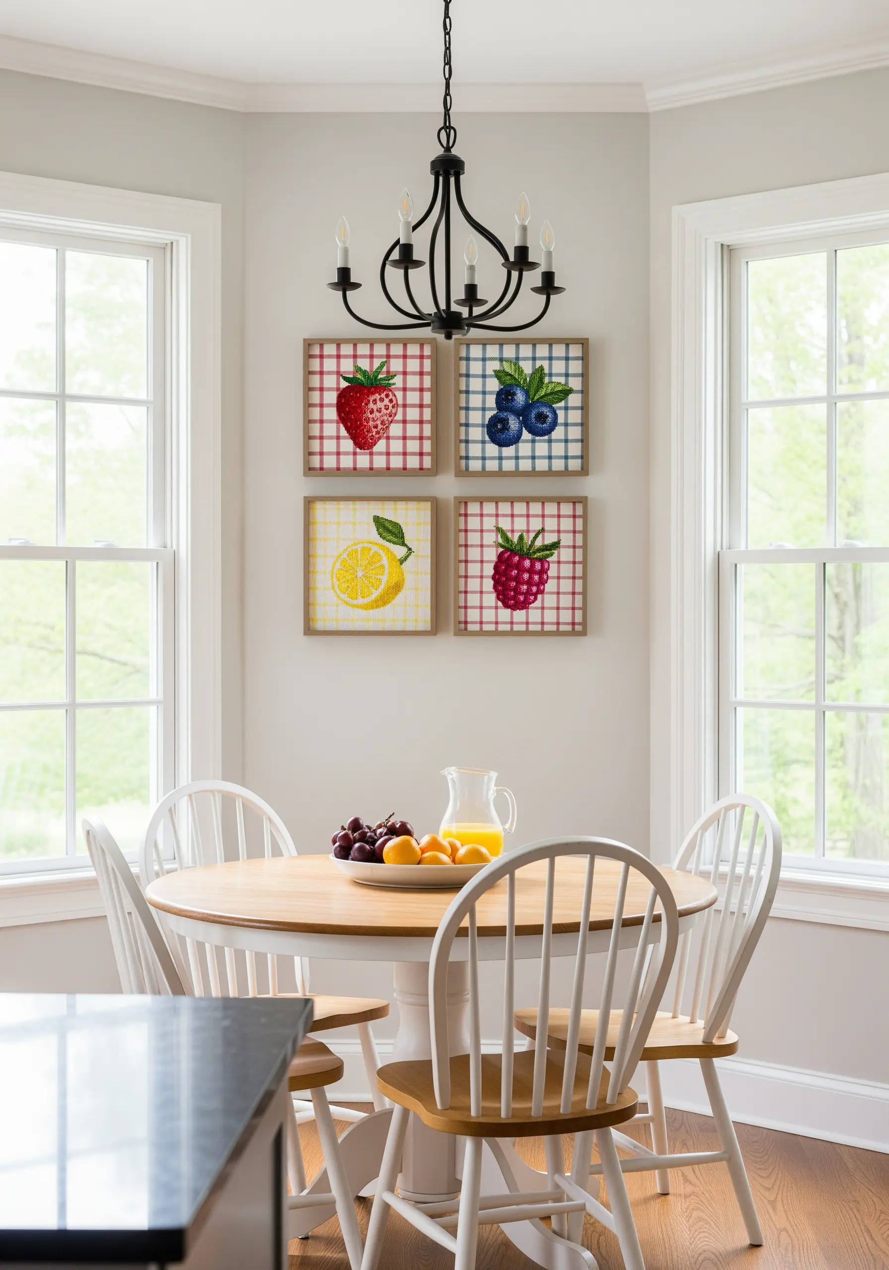 Four framed embroideries of a strawberry, blueberry, lemon, and raspberry on plaid fabric.