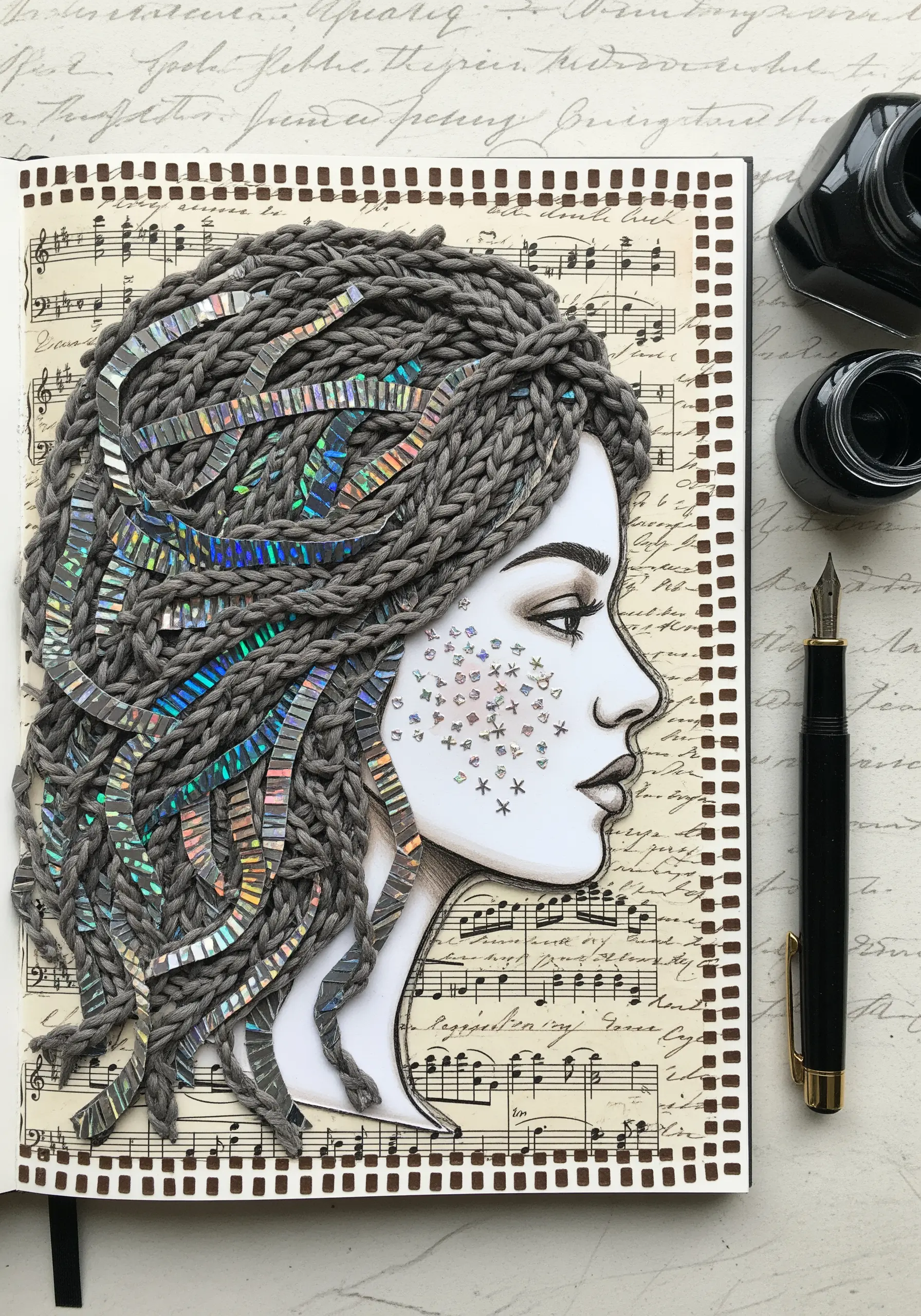 A portrait with braided yarn for hair, woven with holographic paper.