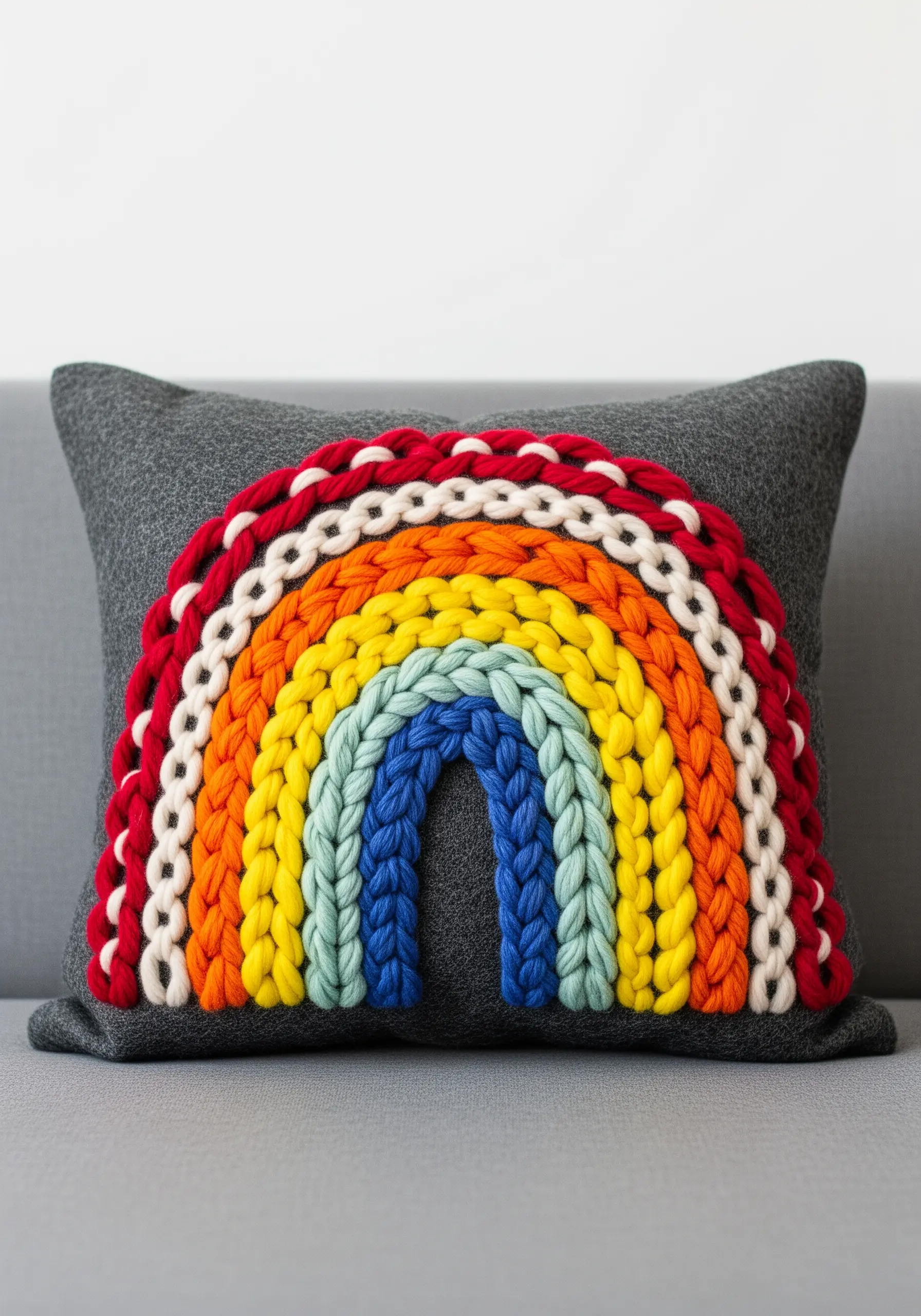 A chunky rainbow made from couched yarn on a dark grey pillow.