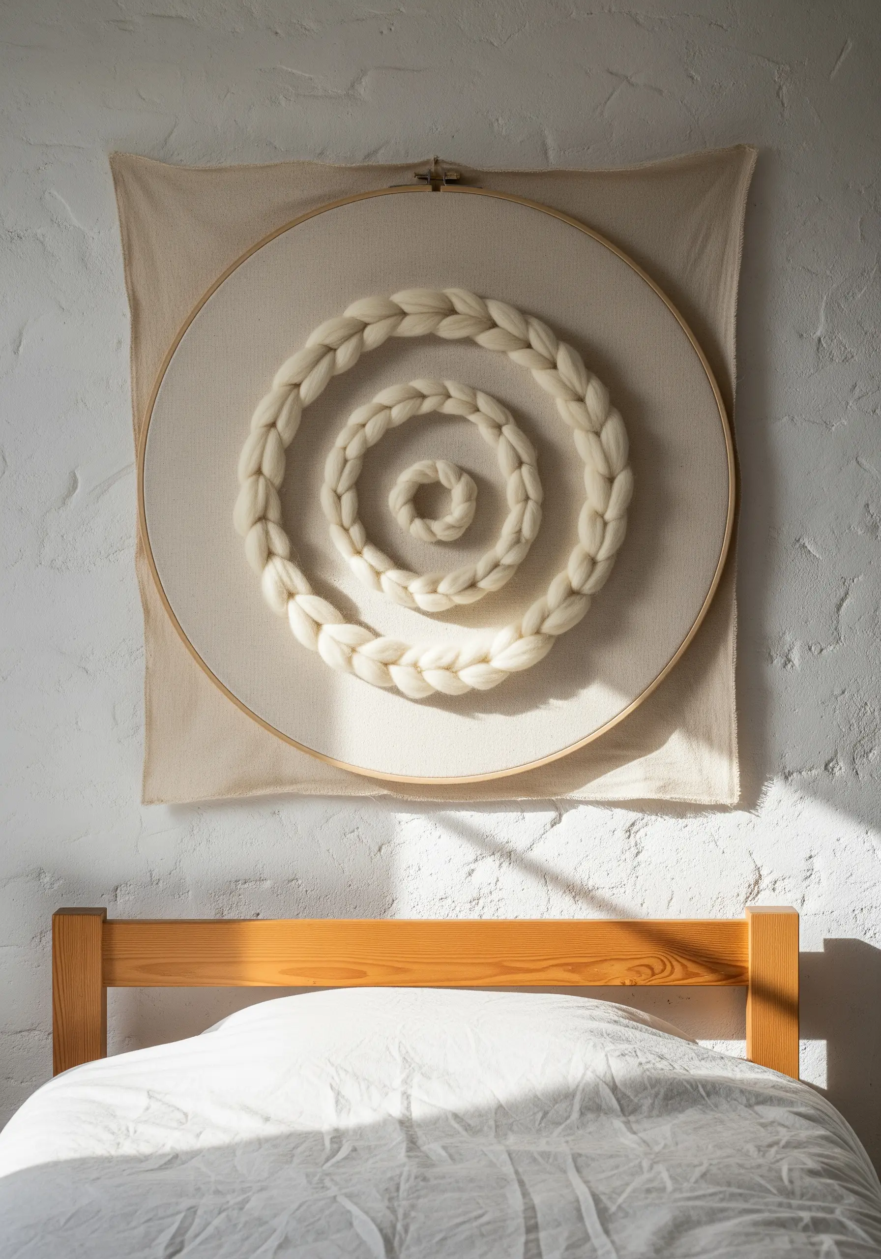 A large embroidery hoop with a chunky white wool roving spiral on neutral fabric.