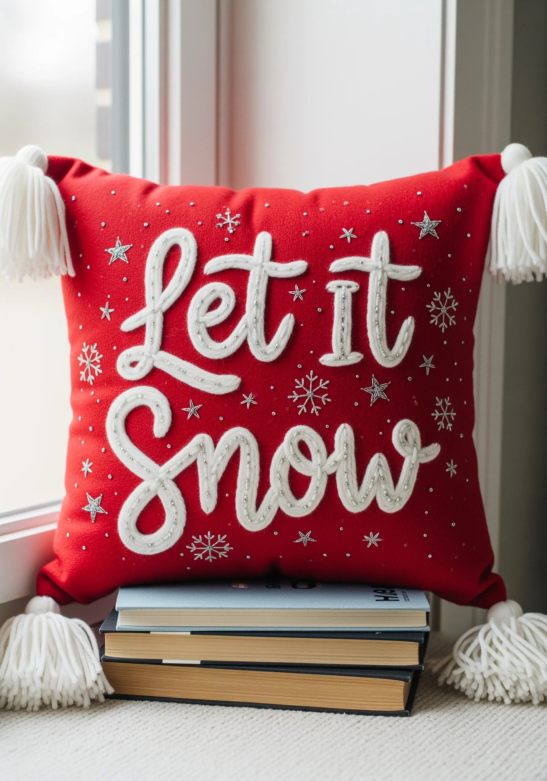 Red pillow with 'Let it Snow' in couched white yarn and silver beads.
