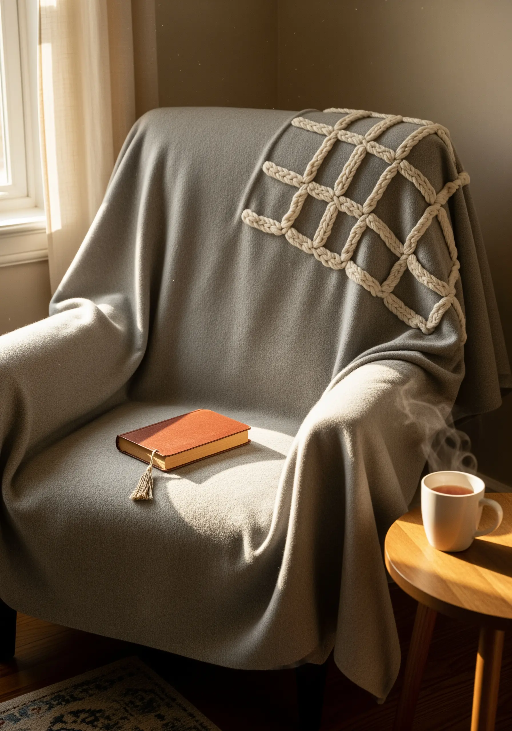 A grey throw blanket with a chunky woven grid pattern couched onto one corner.