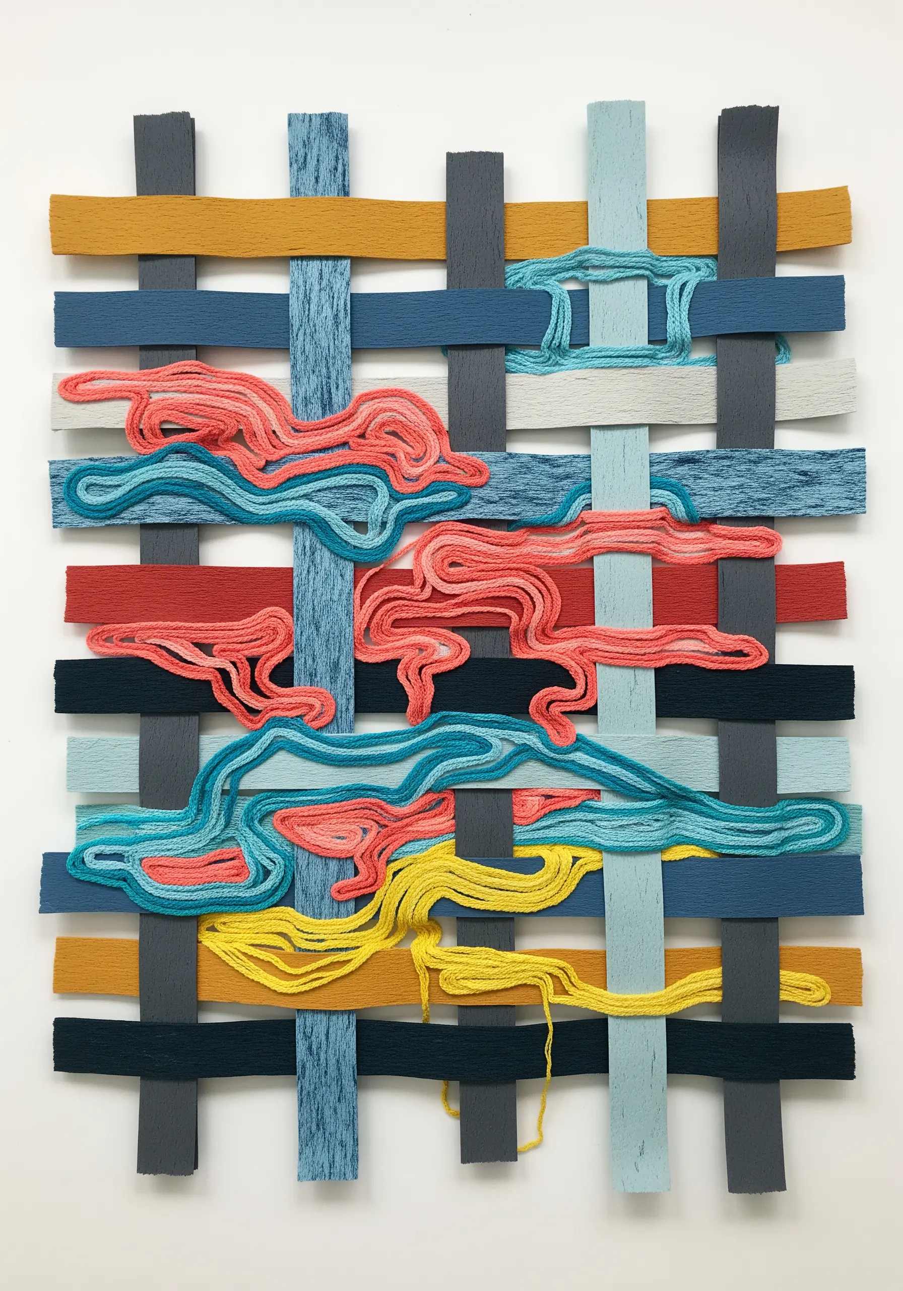 Meandering lines of colorful yarn couched onto a woven grid of multi-colored paper strips.