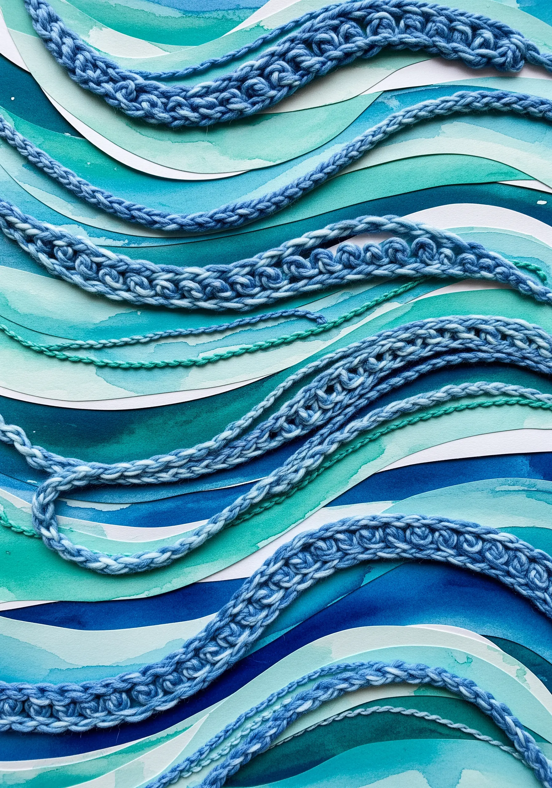 Wavy blue paper collage with couched blue yarn and crocheted chains creating bold lines.