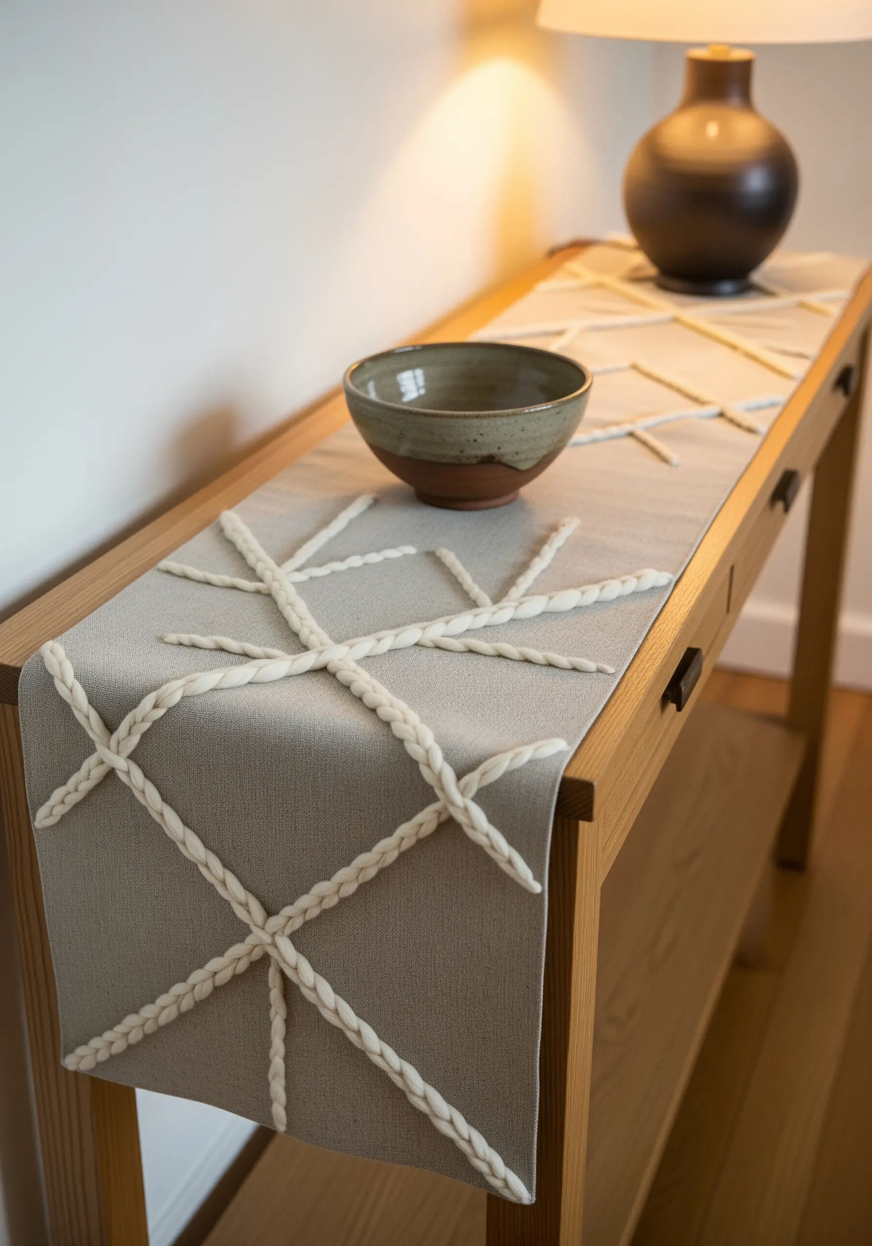 A neutral table runner embellished with a sculptural lattice pattern made from thick, couched yarn.