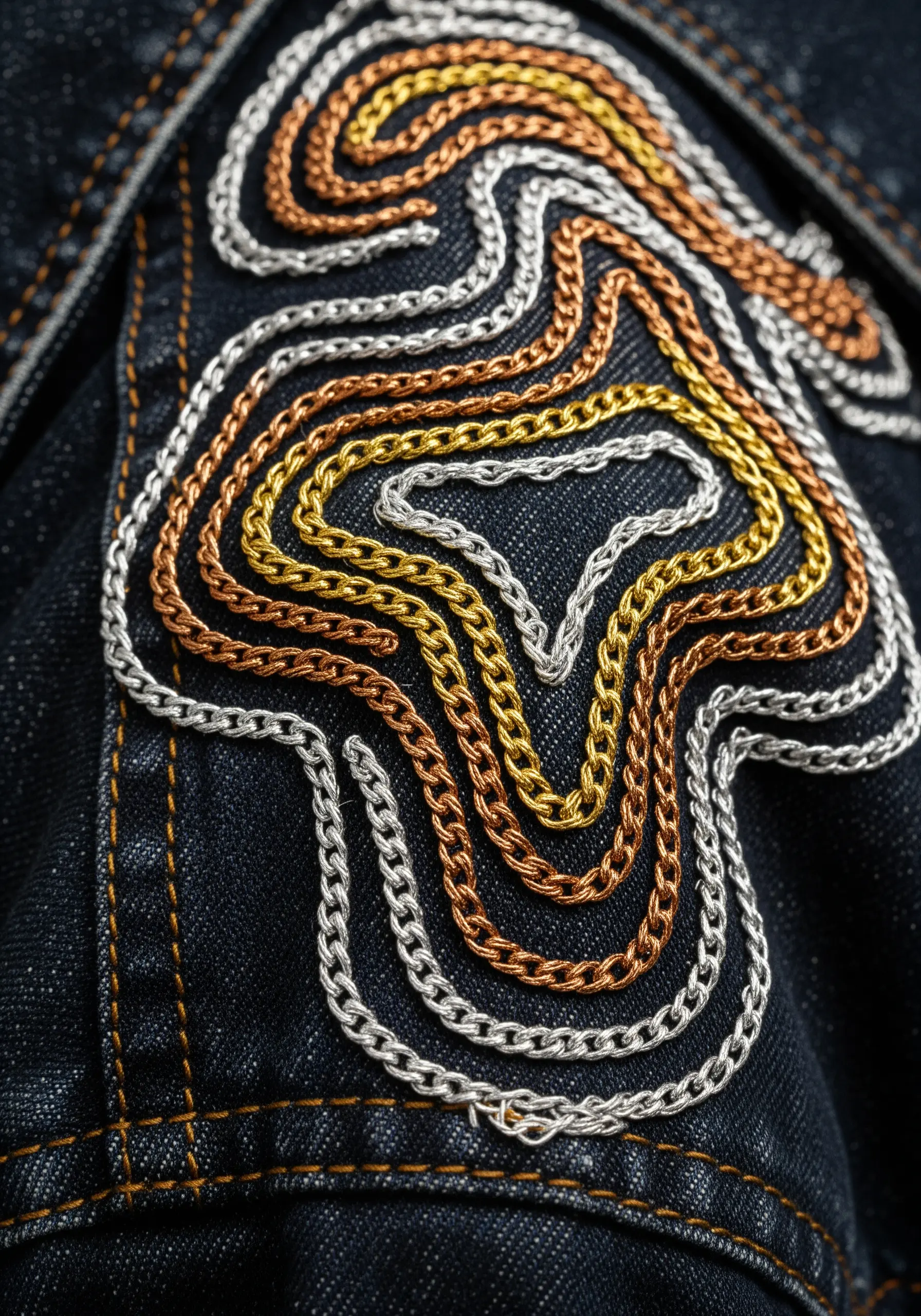 Abstract topographic lines on dark denim created by couching down metallic chains.