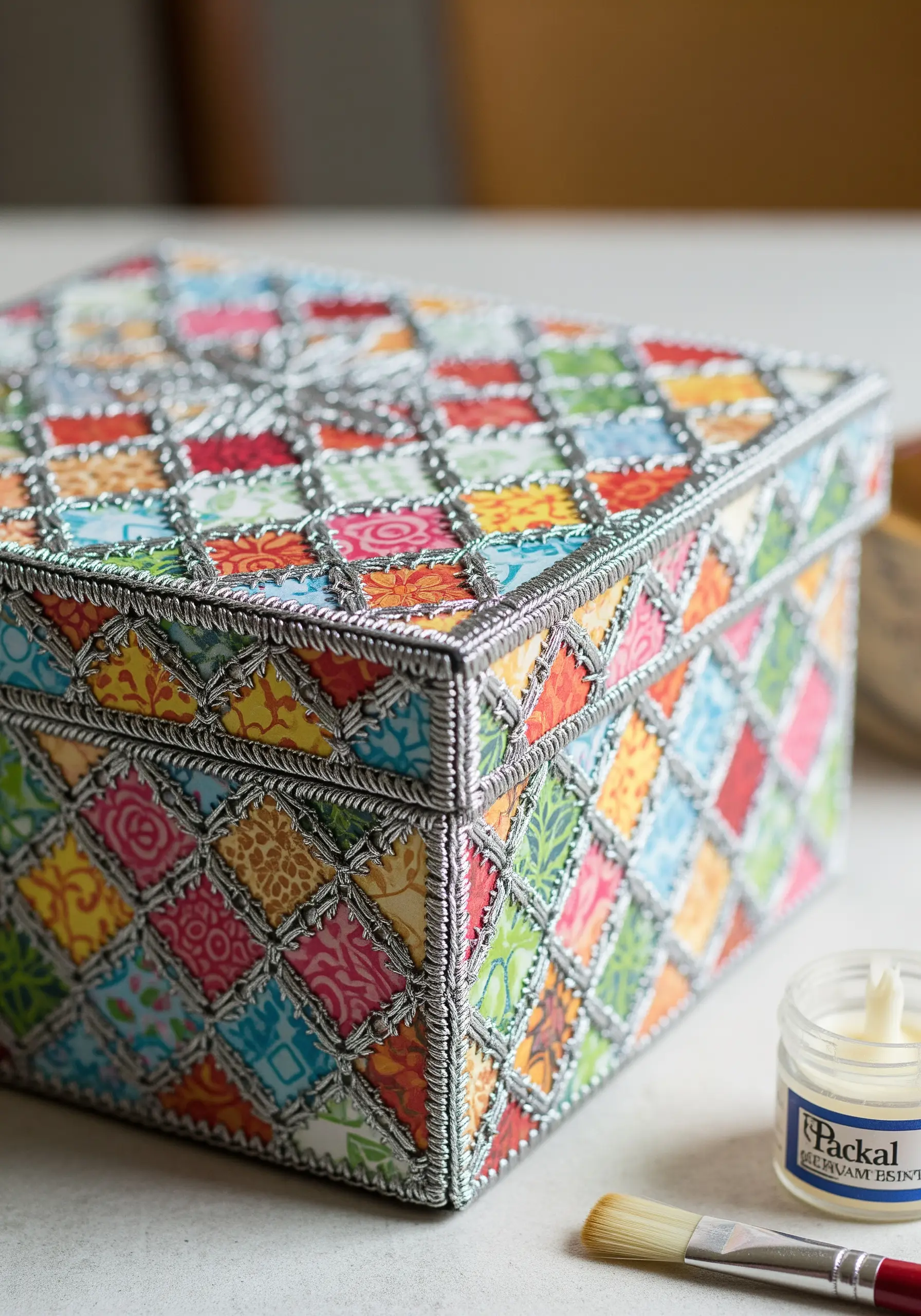 A colorful decorative box covered in paper squares and outlined with a grid of silver cord.