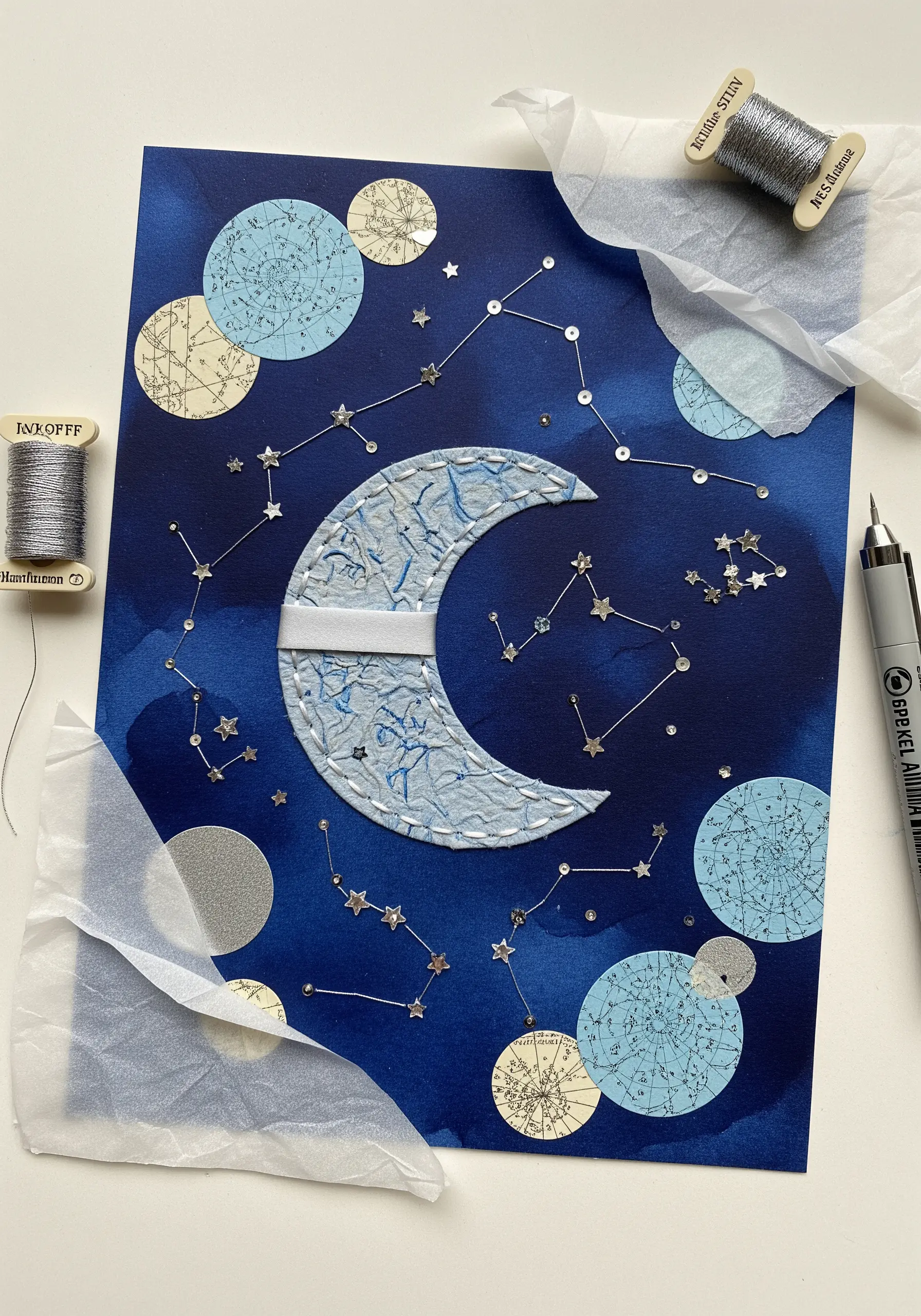 A celestial collage with a moon and constellations stitched in silver metallic thread.