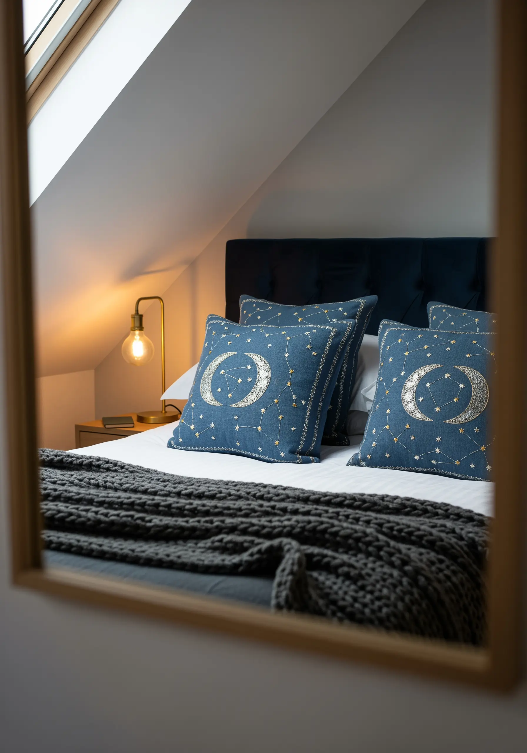 Crescent moon and constellations embroidered in silver and gold metallic thread on a blue pillow.