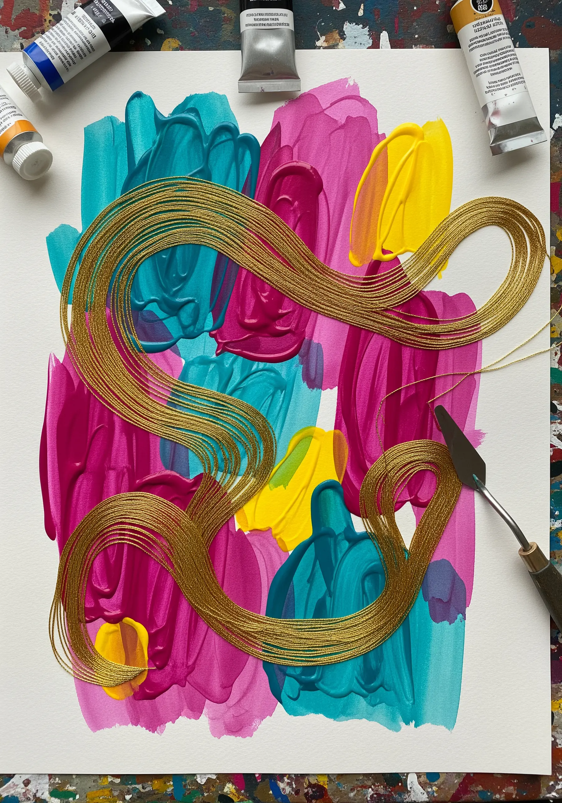 Gold metallic thread couched over thick, colorful acrylic paint strokes.