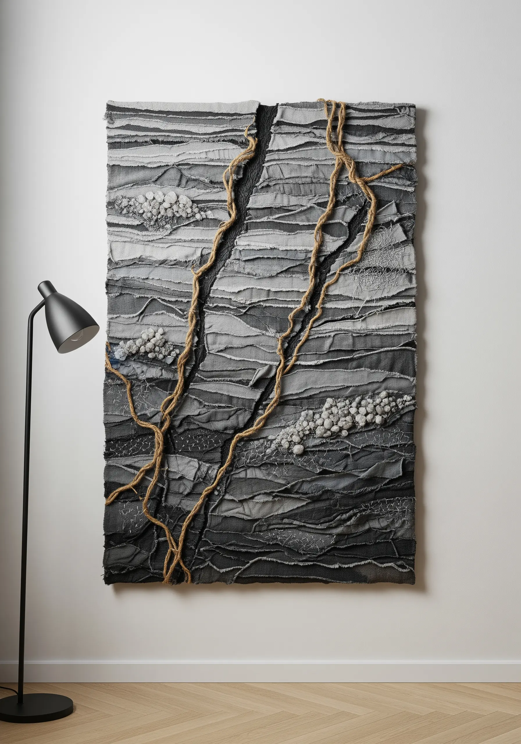 Large-scale textile wall art with couched jute rope creating paths over layered grey fabric.