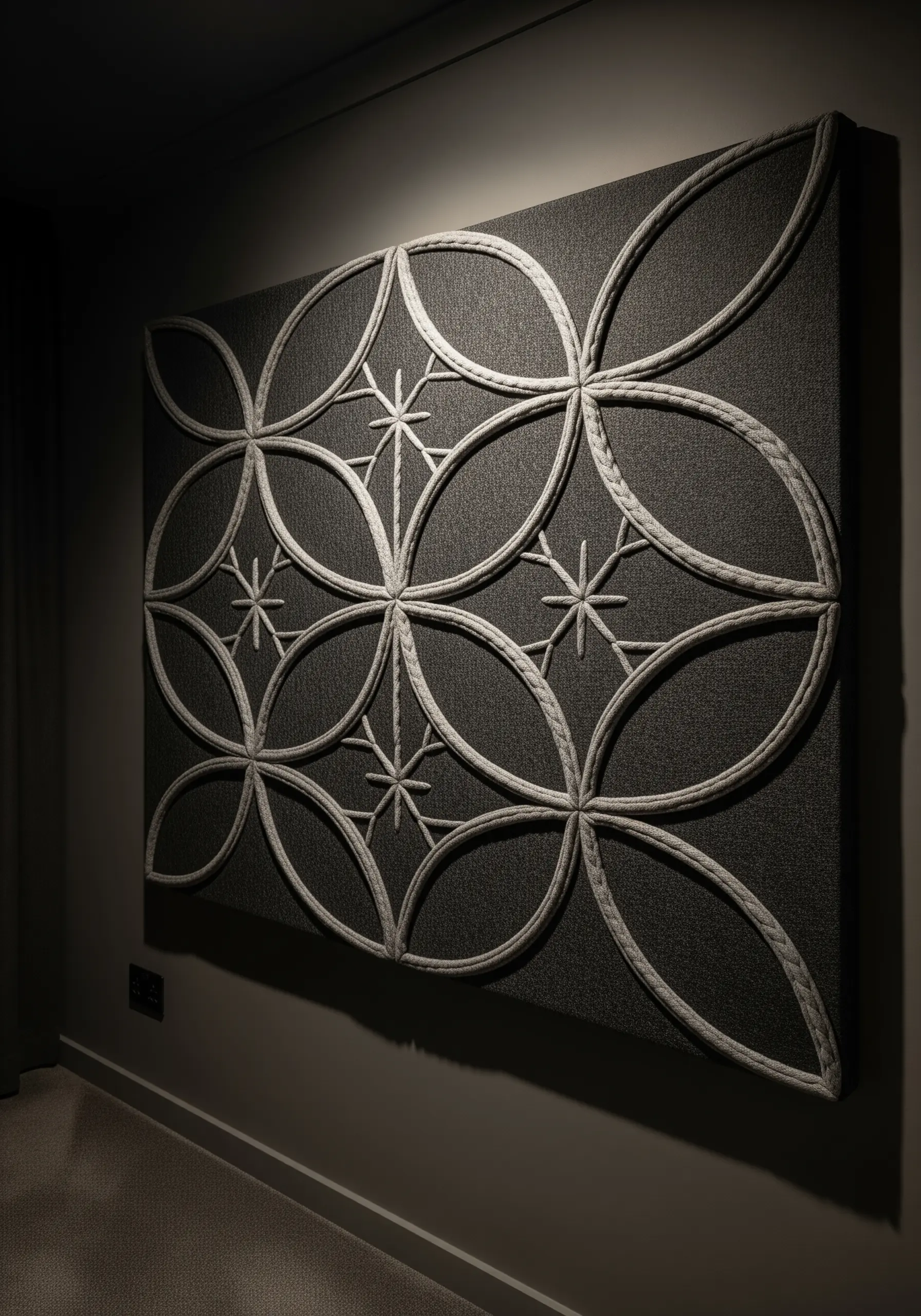A dark wall panel featuring a geometric pattern made of thick, white couched rope.