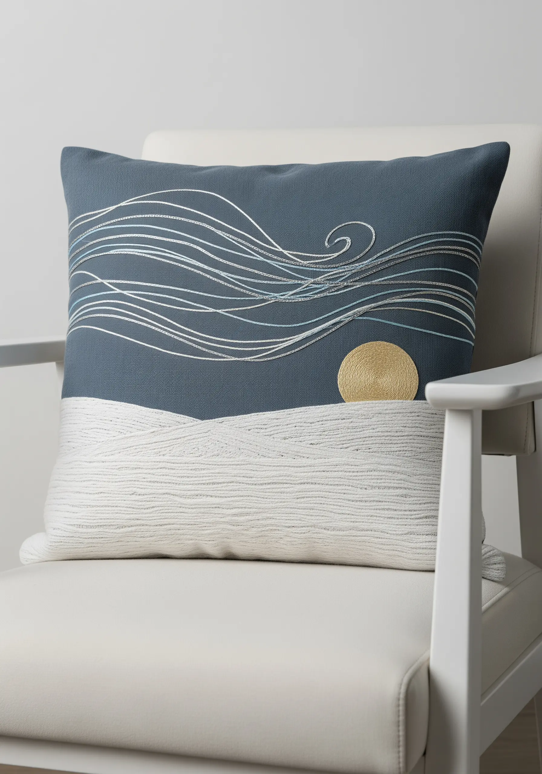 Abstract winter landscape with couched white yarn for snow and silver line art for wind.