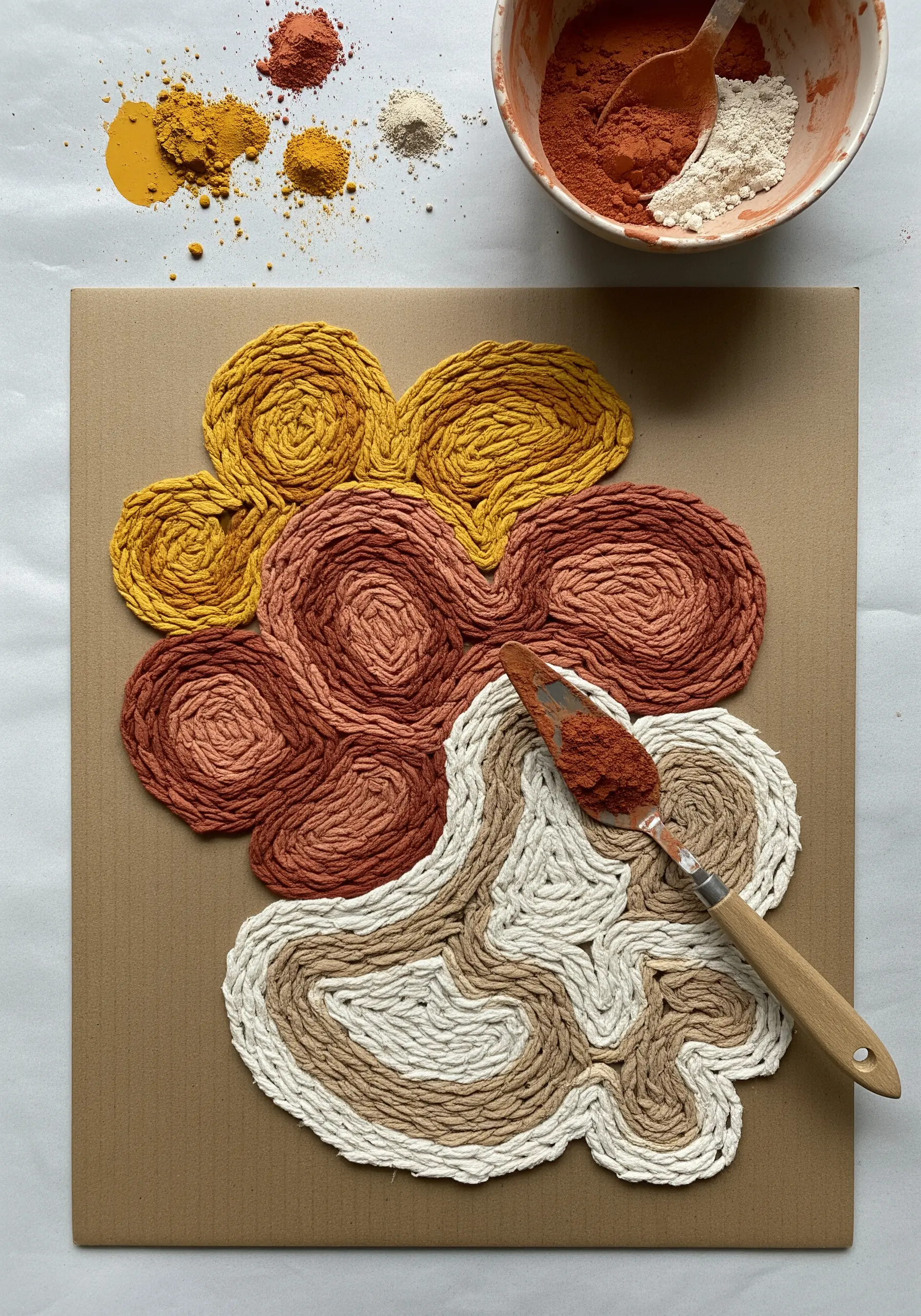 A tactile art piece made by arranging thick, pigment-dusted rope into swirling abstract shapes.