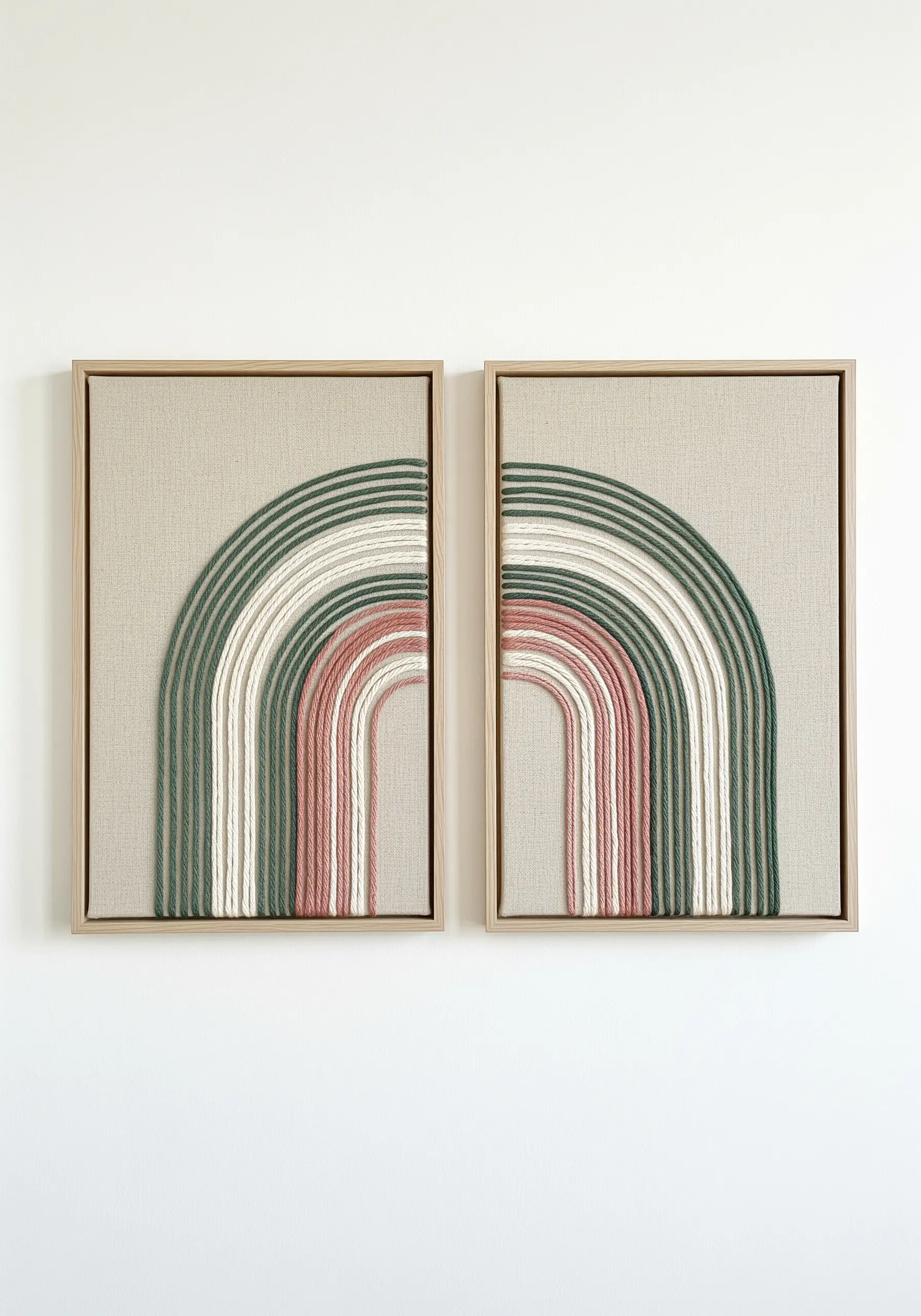 A diptych of framed yarn art, with couched arcs in green, pink, and white forming a modern rainbow.