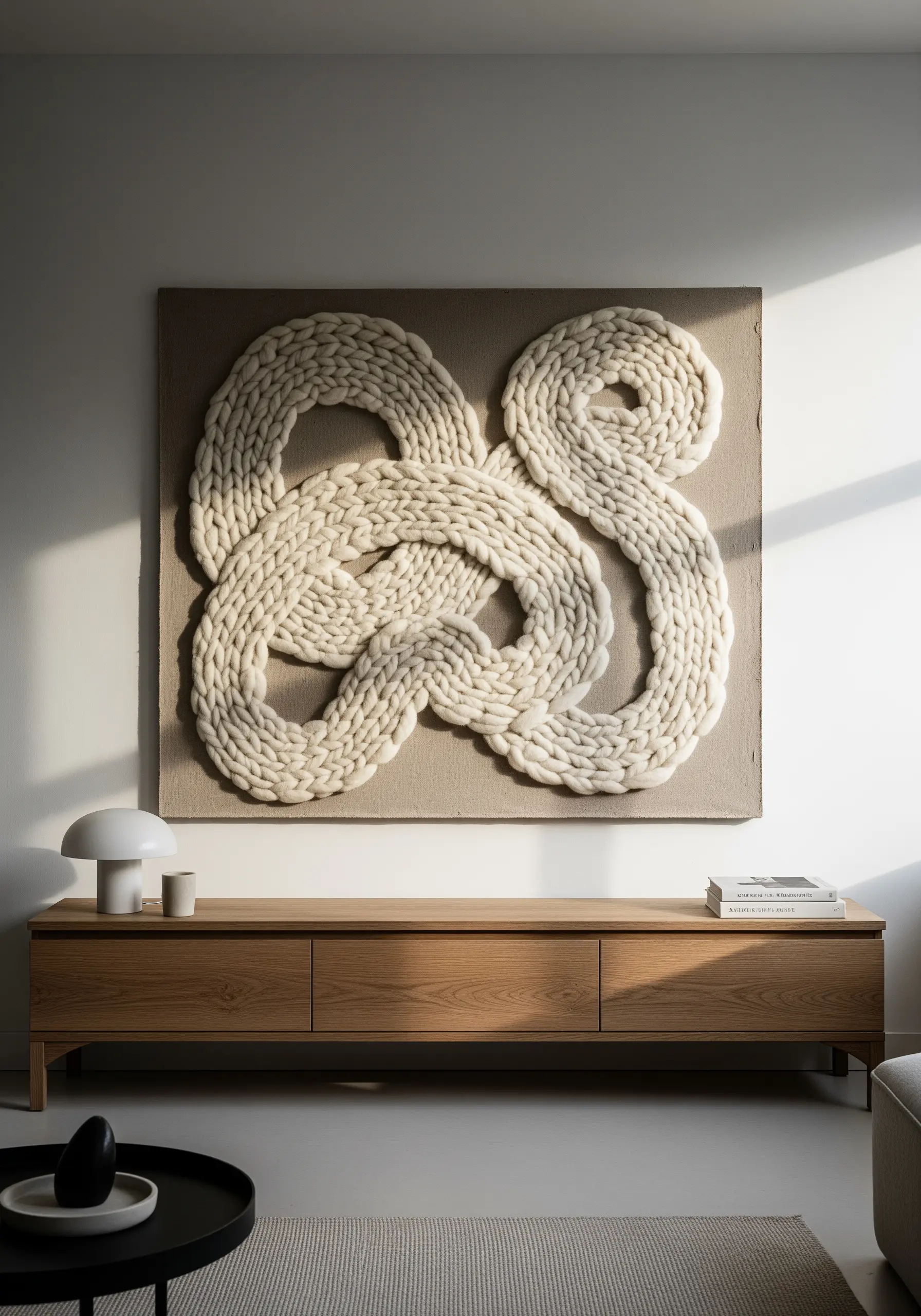 Large-scale sculptural wall art using couched white wool roving in a knotted pattern on beige canvas.