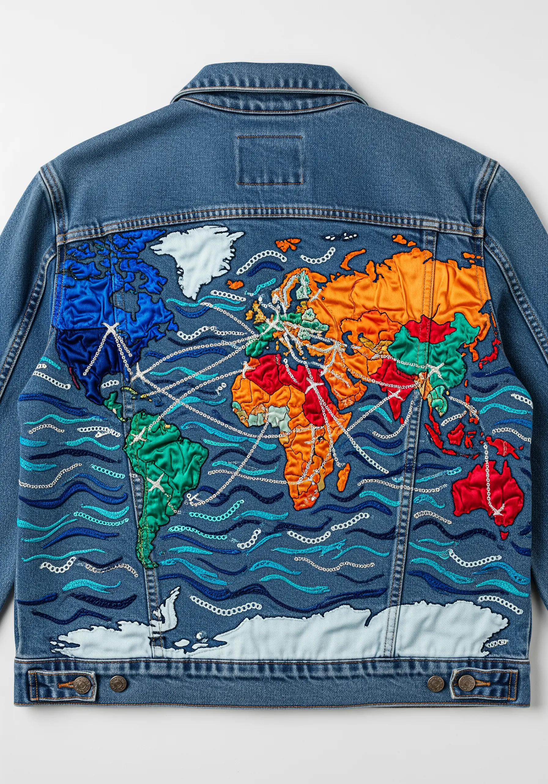 Textured world map embroidered on a denim jacket with chain stitch travel routes.