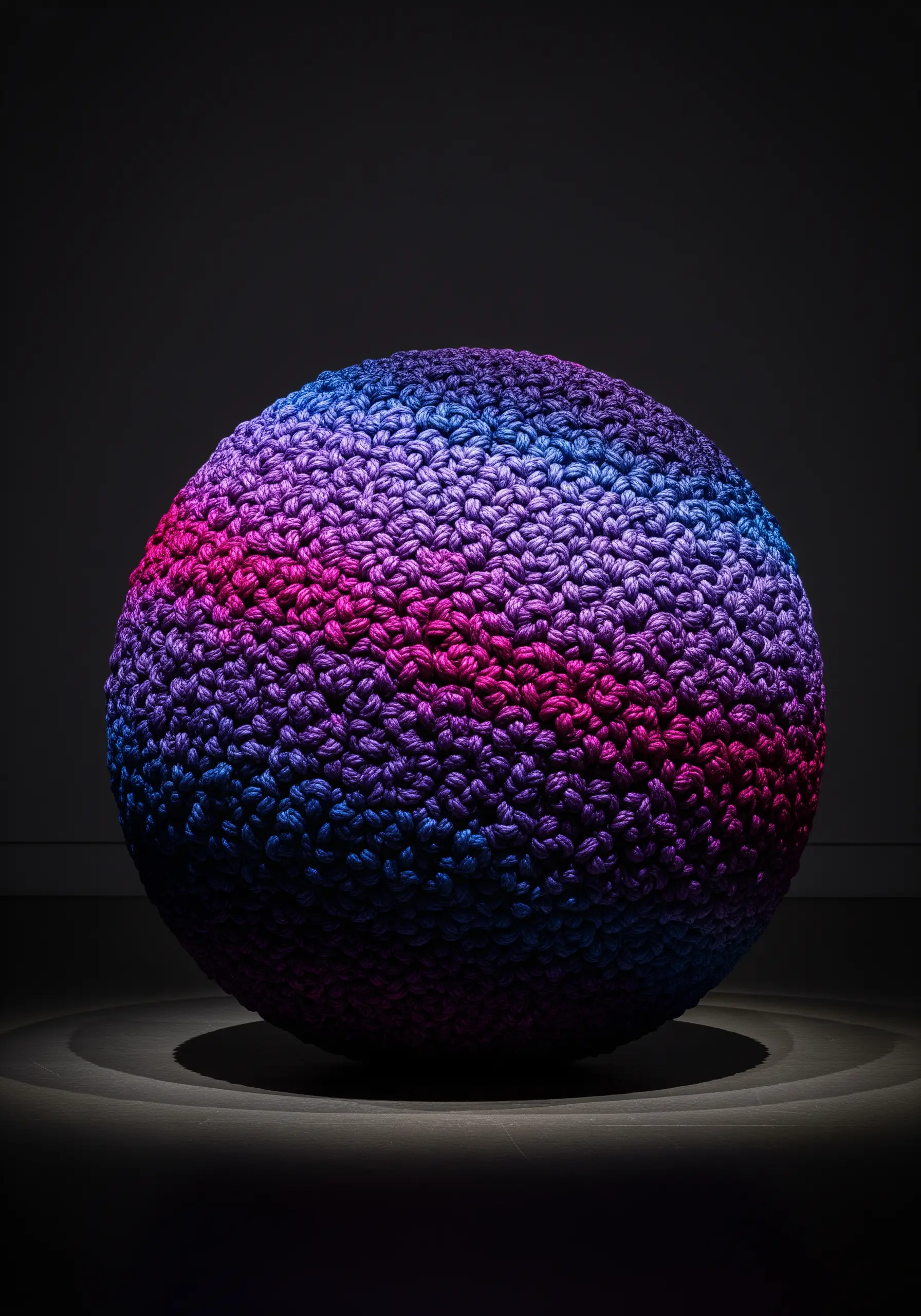 A large sphere covered in dense, textured stitches blending from pink to purple to blue.