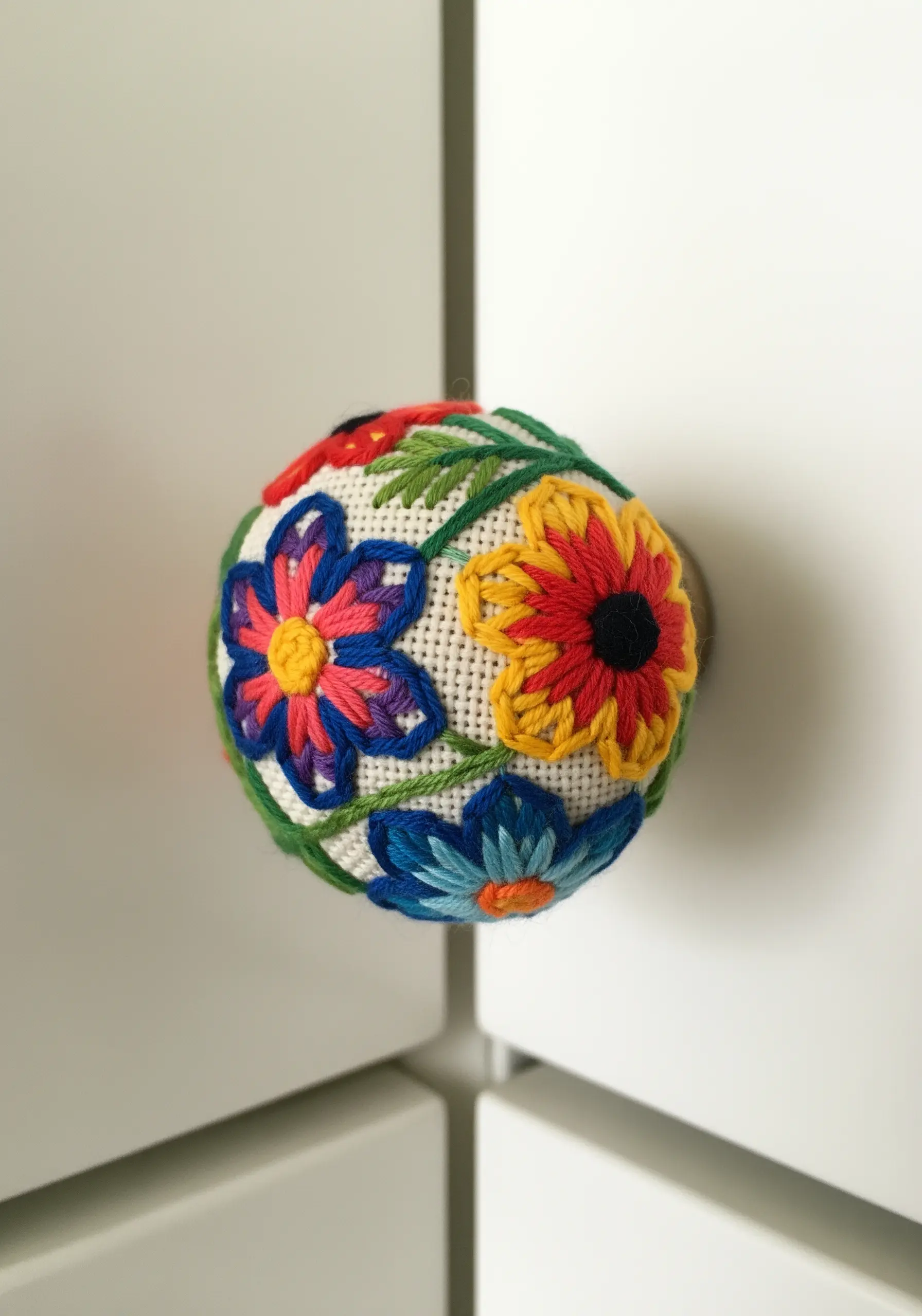 A white cabinet doorknob covered in fabric embroidered with colorful, stylized flowers.