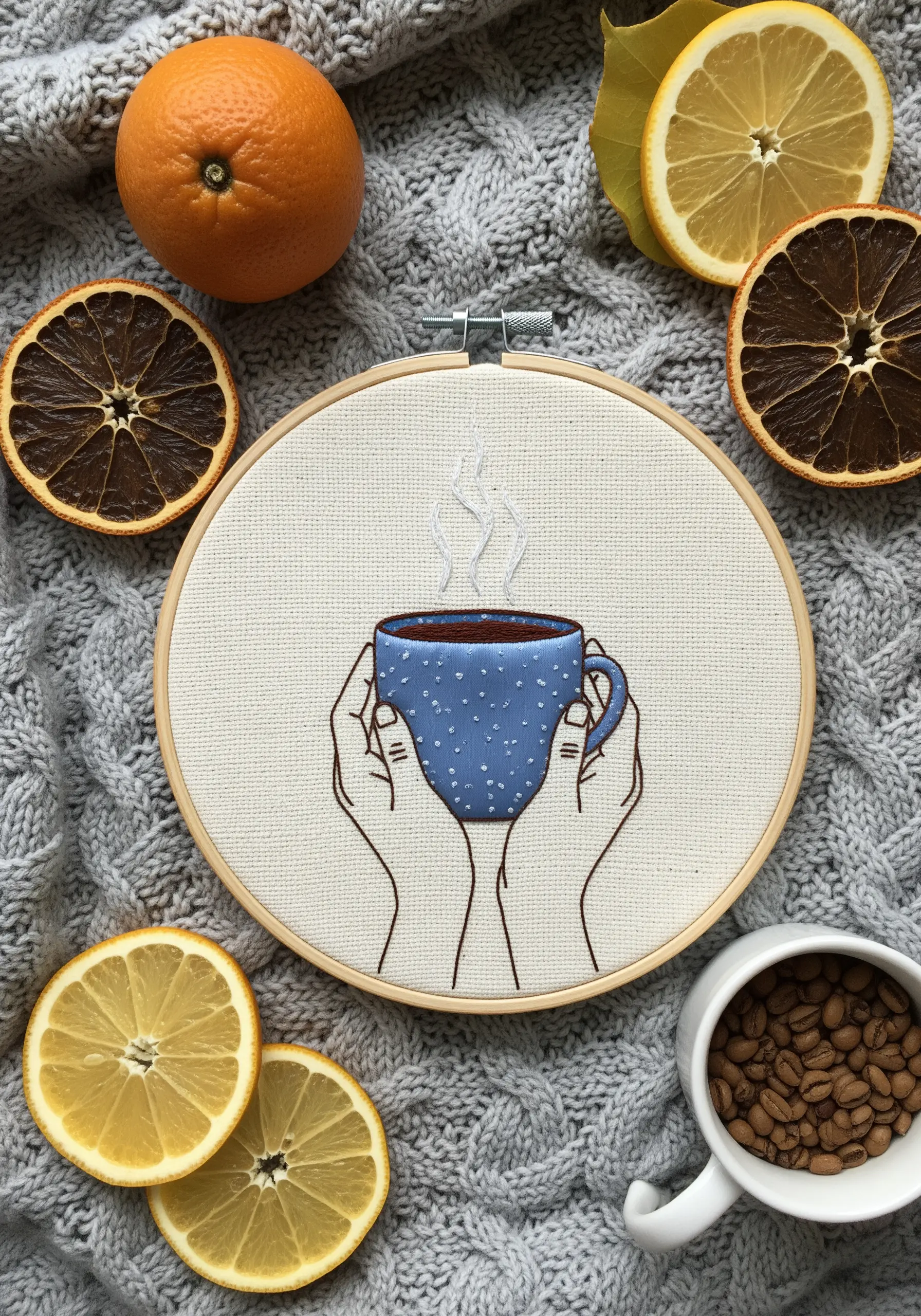 Embroidered hands holding a blue polka-dotted mug with stitched steam rising.