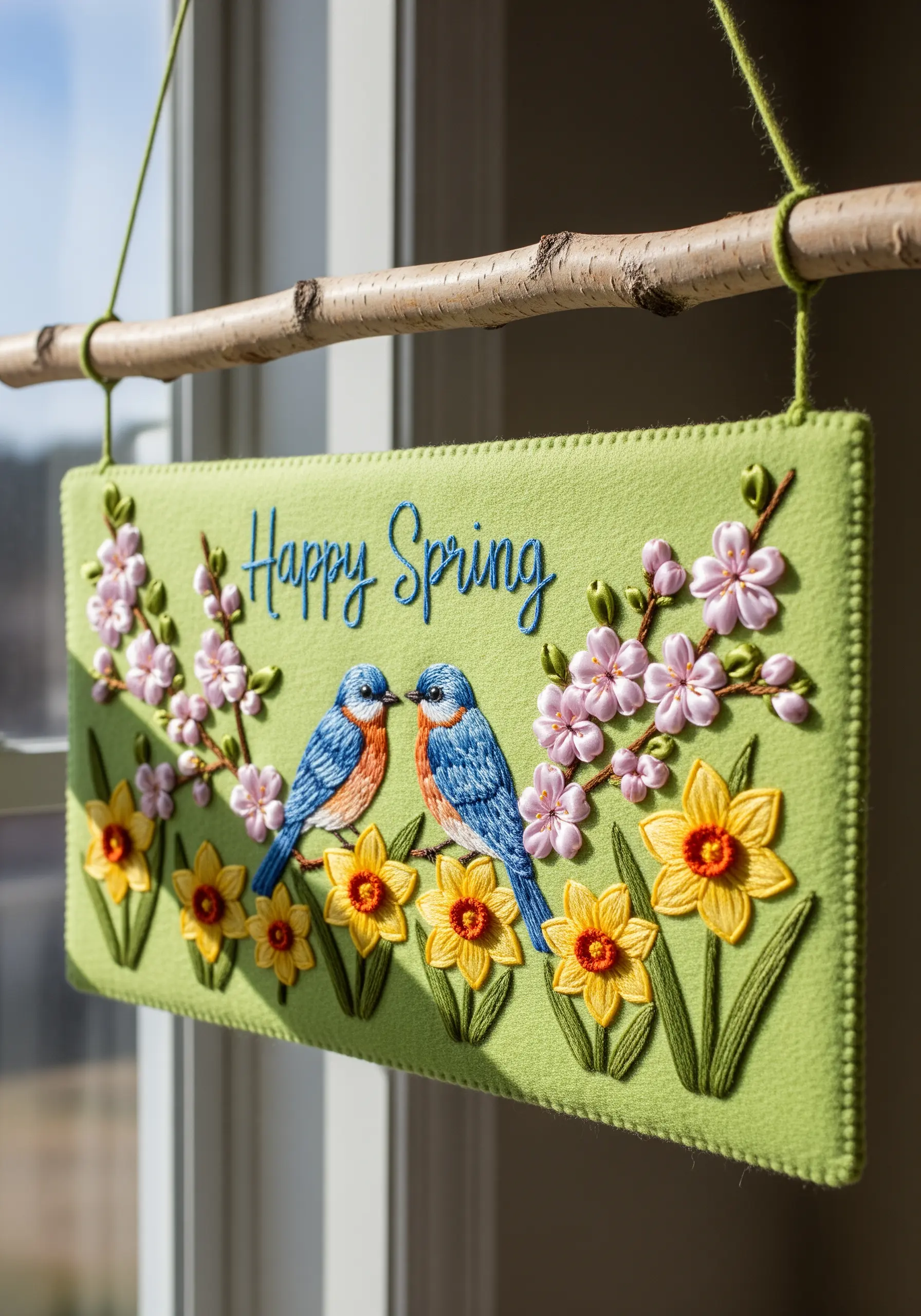 A spring-themed felt banner with ribbon-embroidered flowers and bluebirds