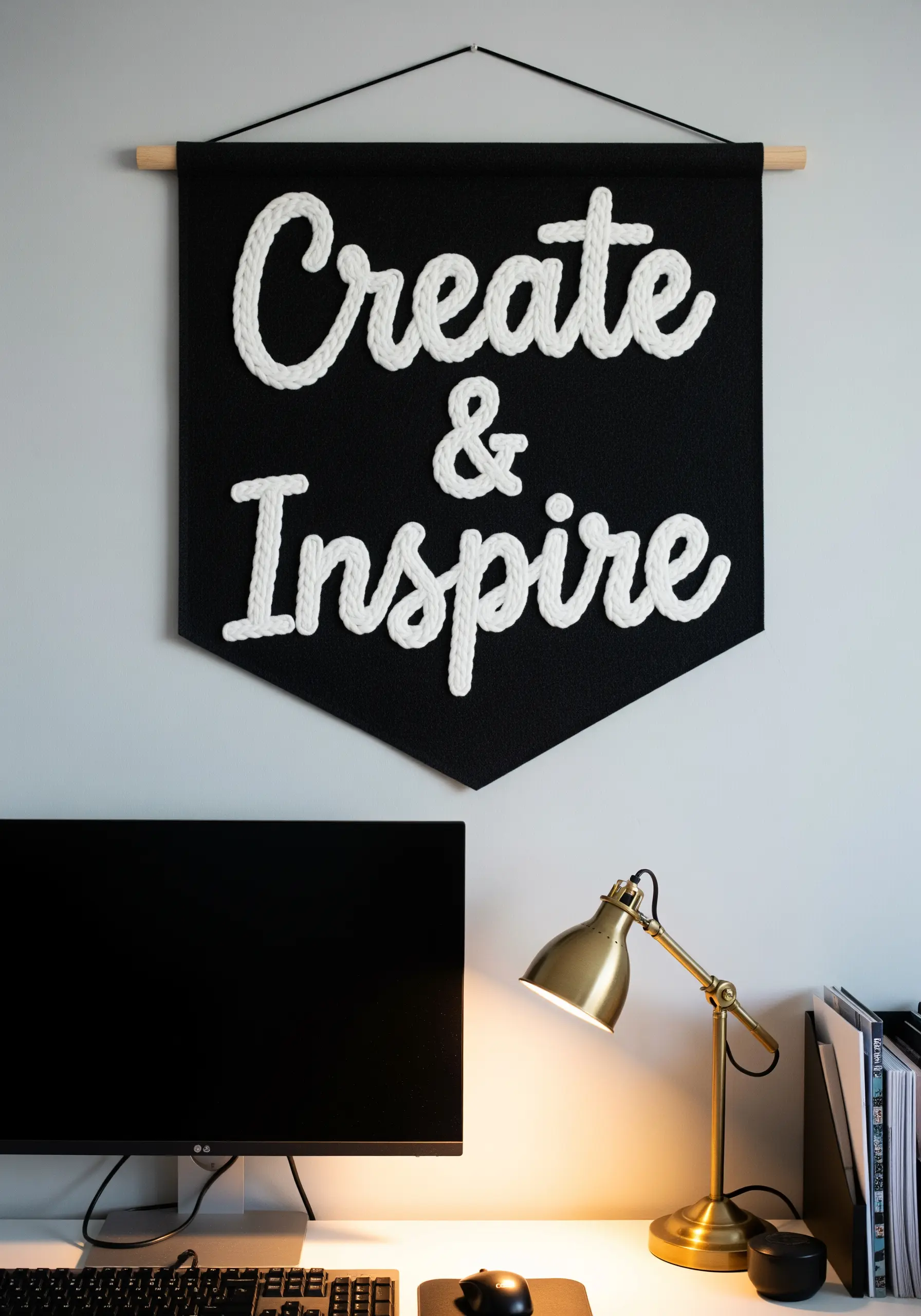 A black felt wall banner with the words 'Create & Inspire' in thick, white couched rope.