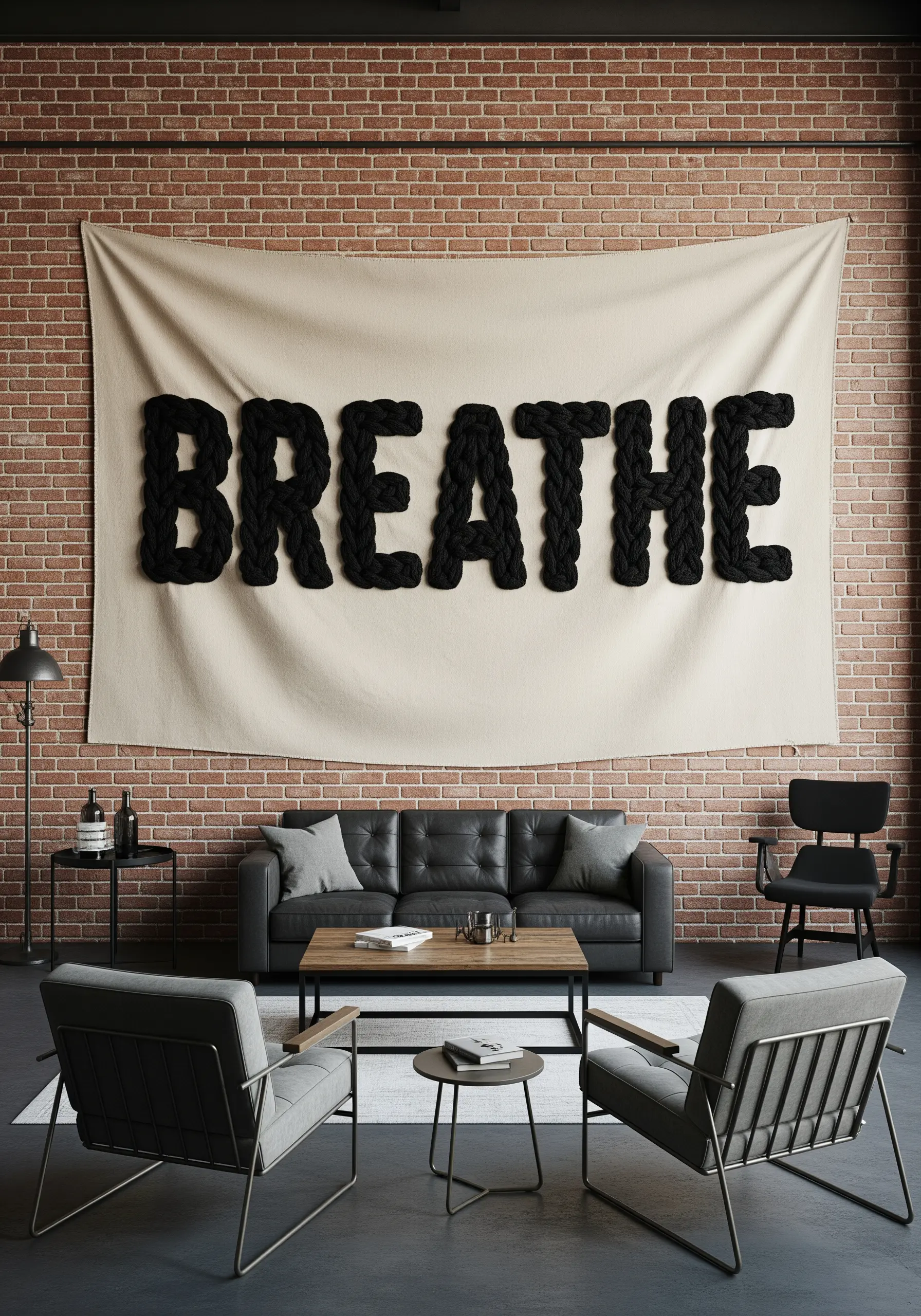 A large canvas tapestry with the word 'BREATHE' created from chunky black braided cord.