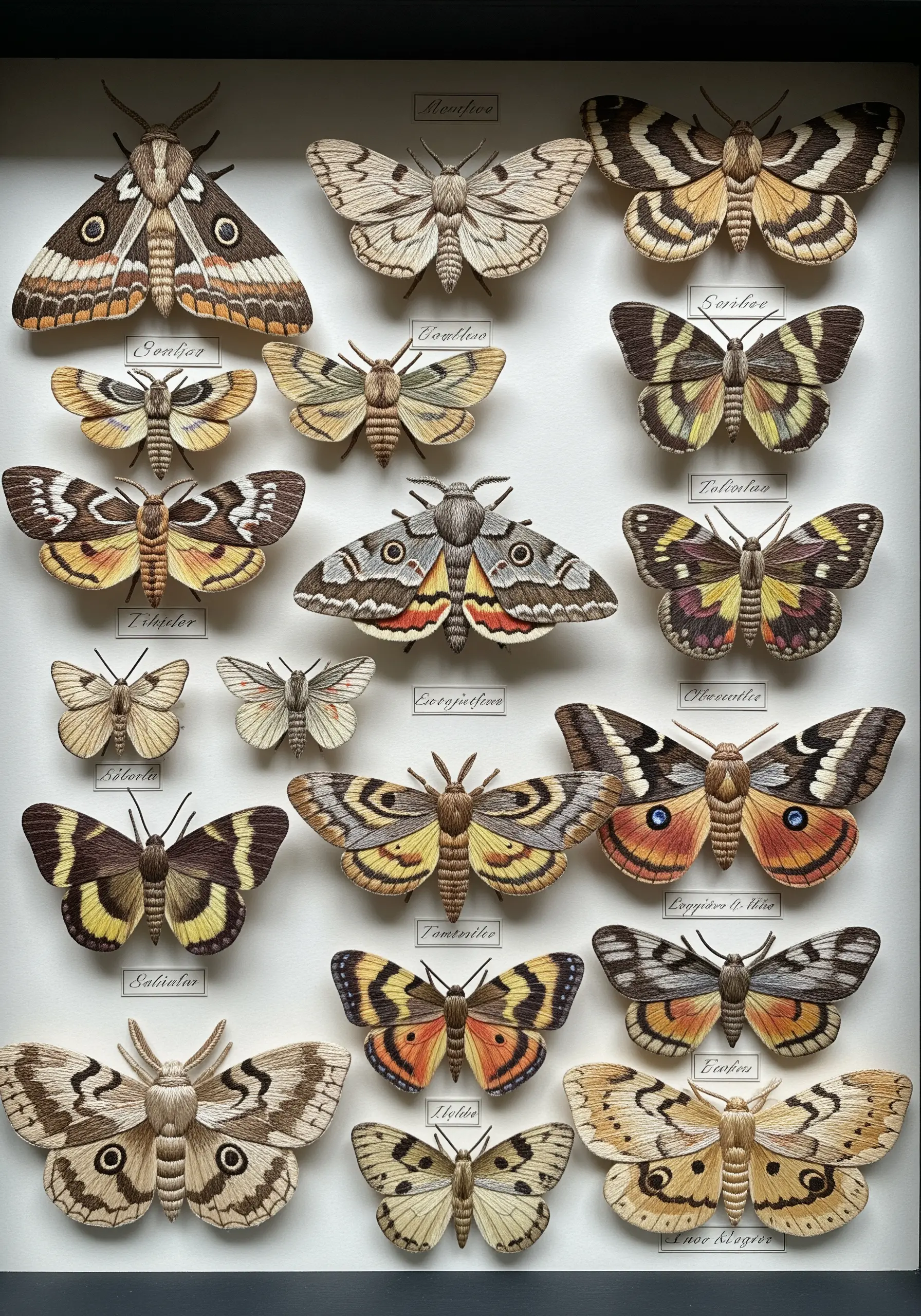 A collection of intricately embroidered moths, stitched on paper and mounted in a specimen box.