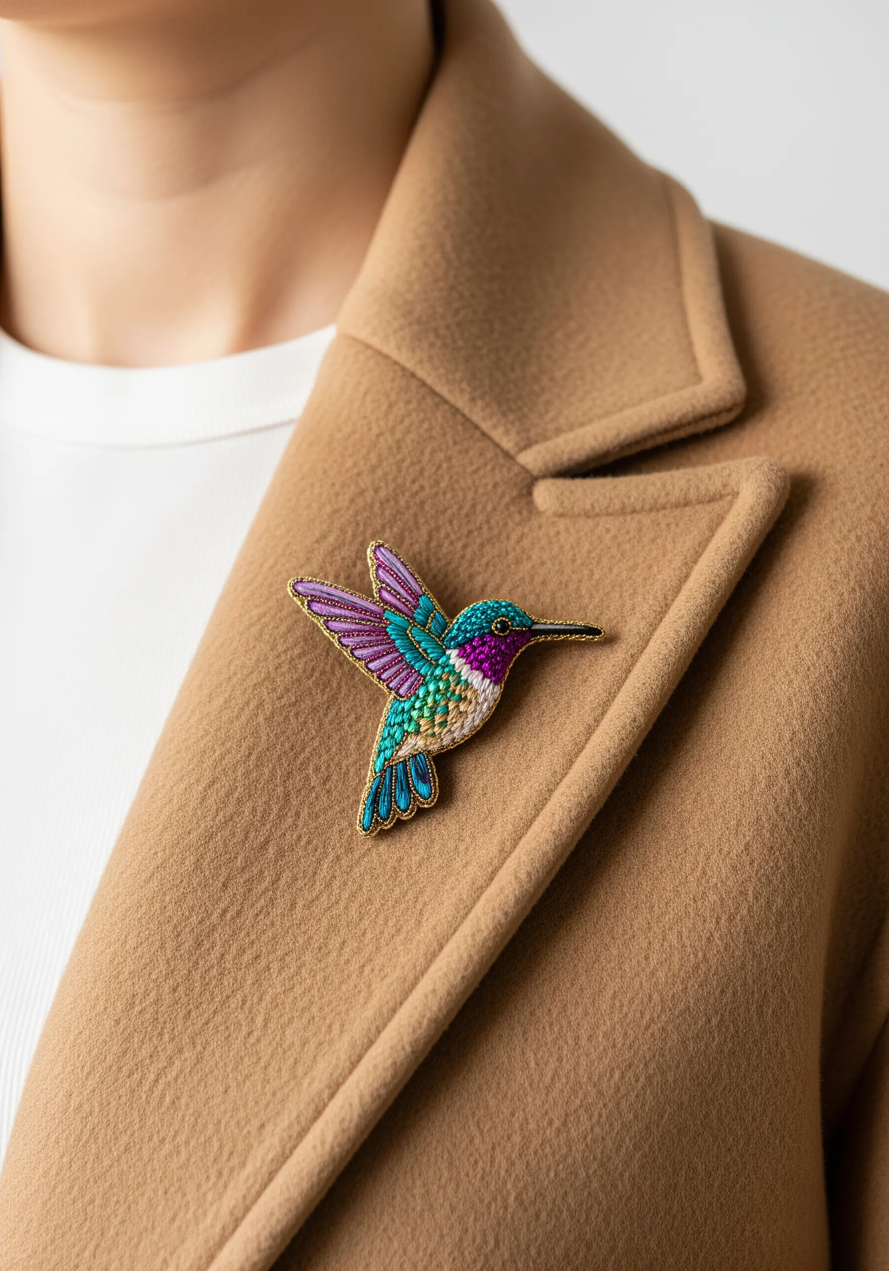 Colorful embroidered hummingbird brooch with metallic thread outlines on a coat lapel.