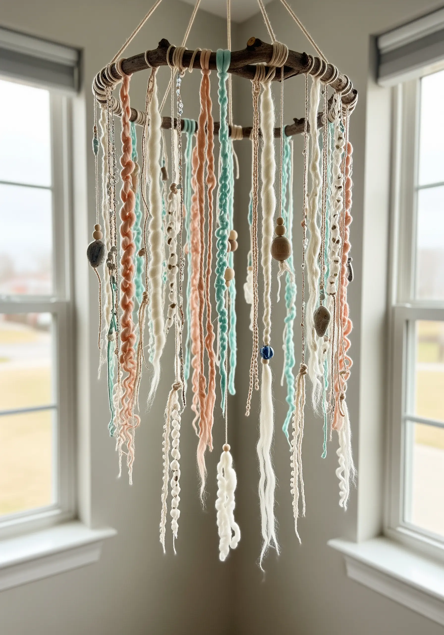 A bohemian-style mobile made with hanging yarns, beads, and stones attached to a circular branch frame.