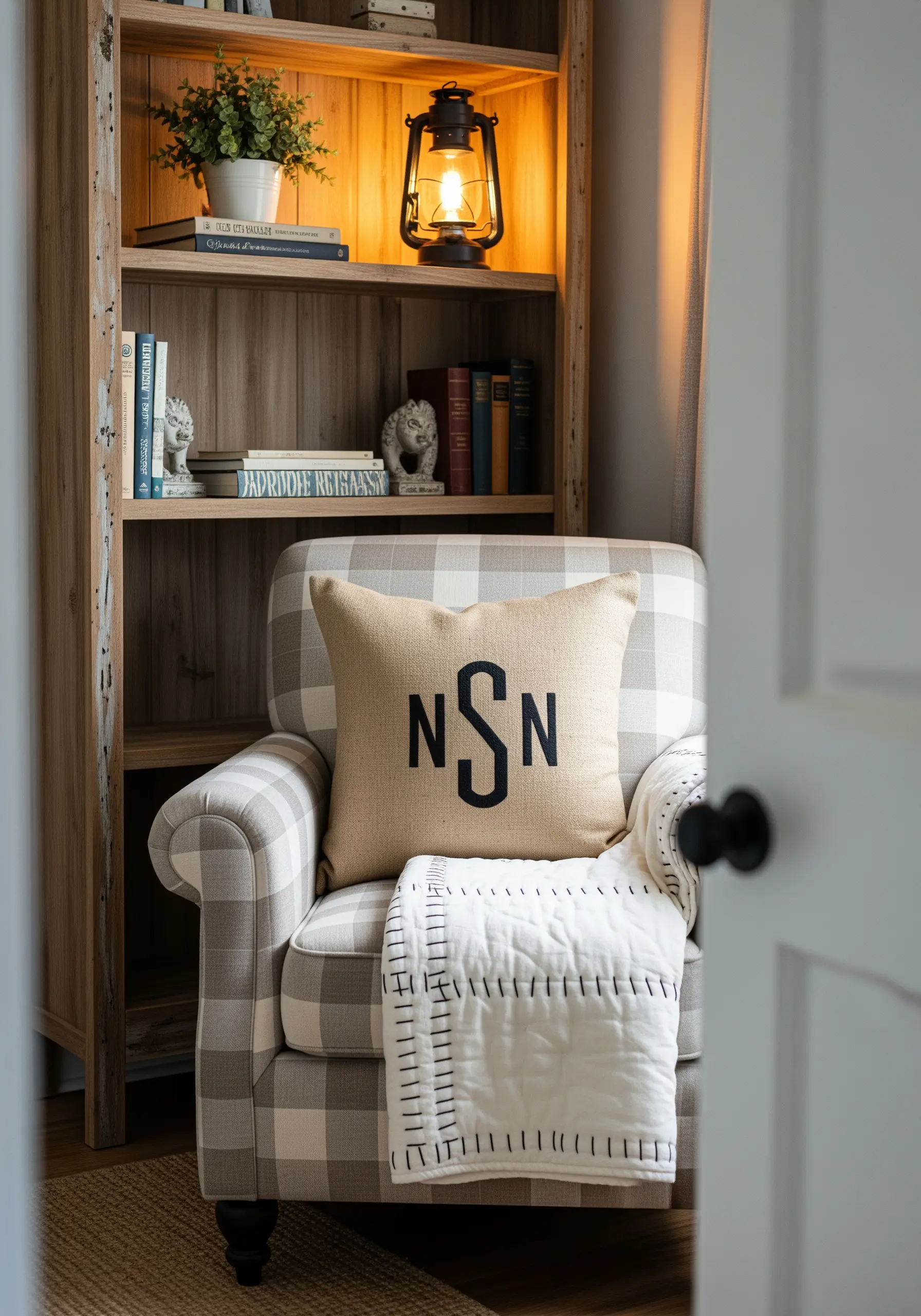 A bold, raised monogram stitched in dark thread on a burlap-textured pillow.