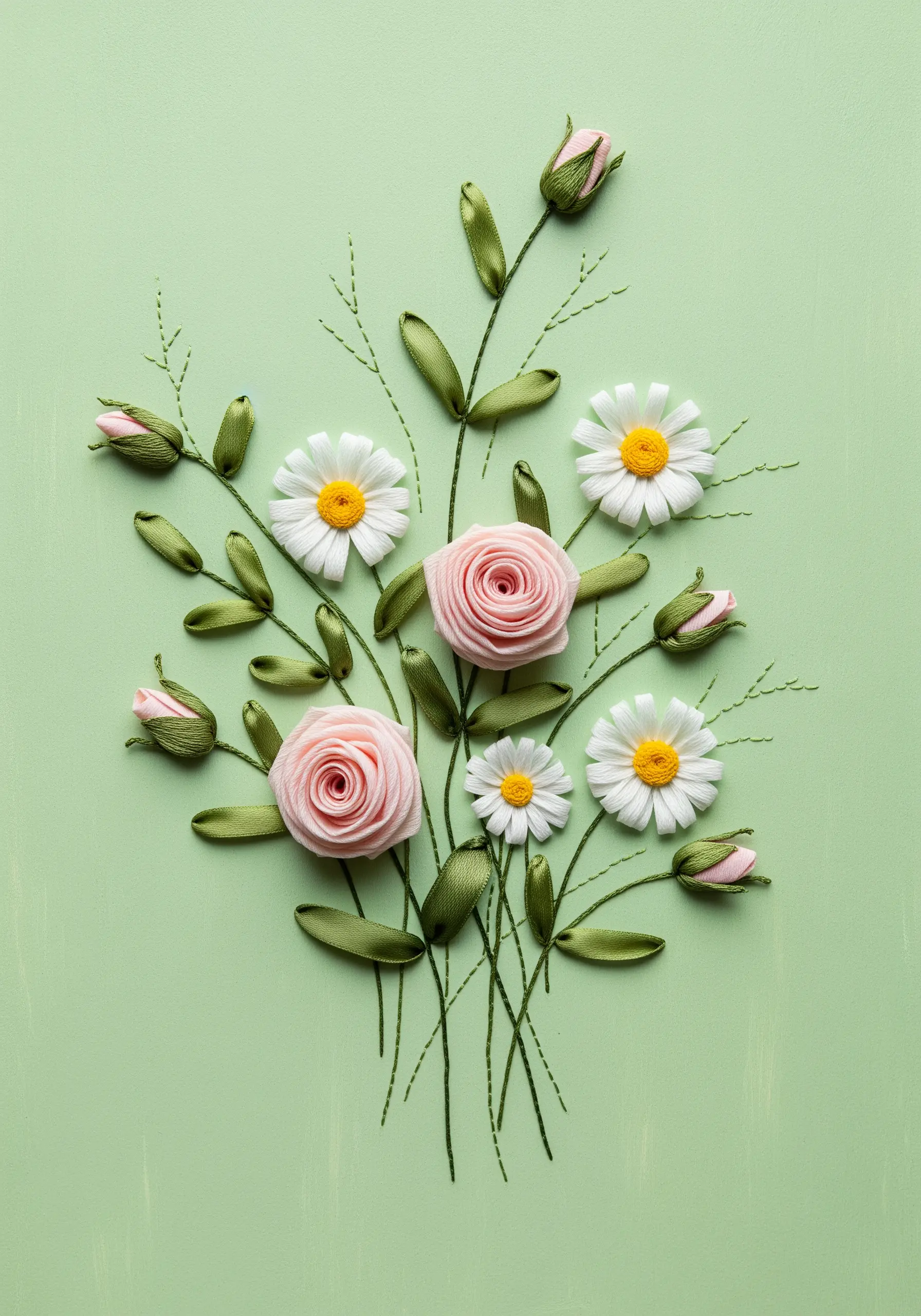 A floral bouquet made with pink and white ribbon embroidery roses and daisies, with green thread stems.