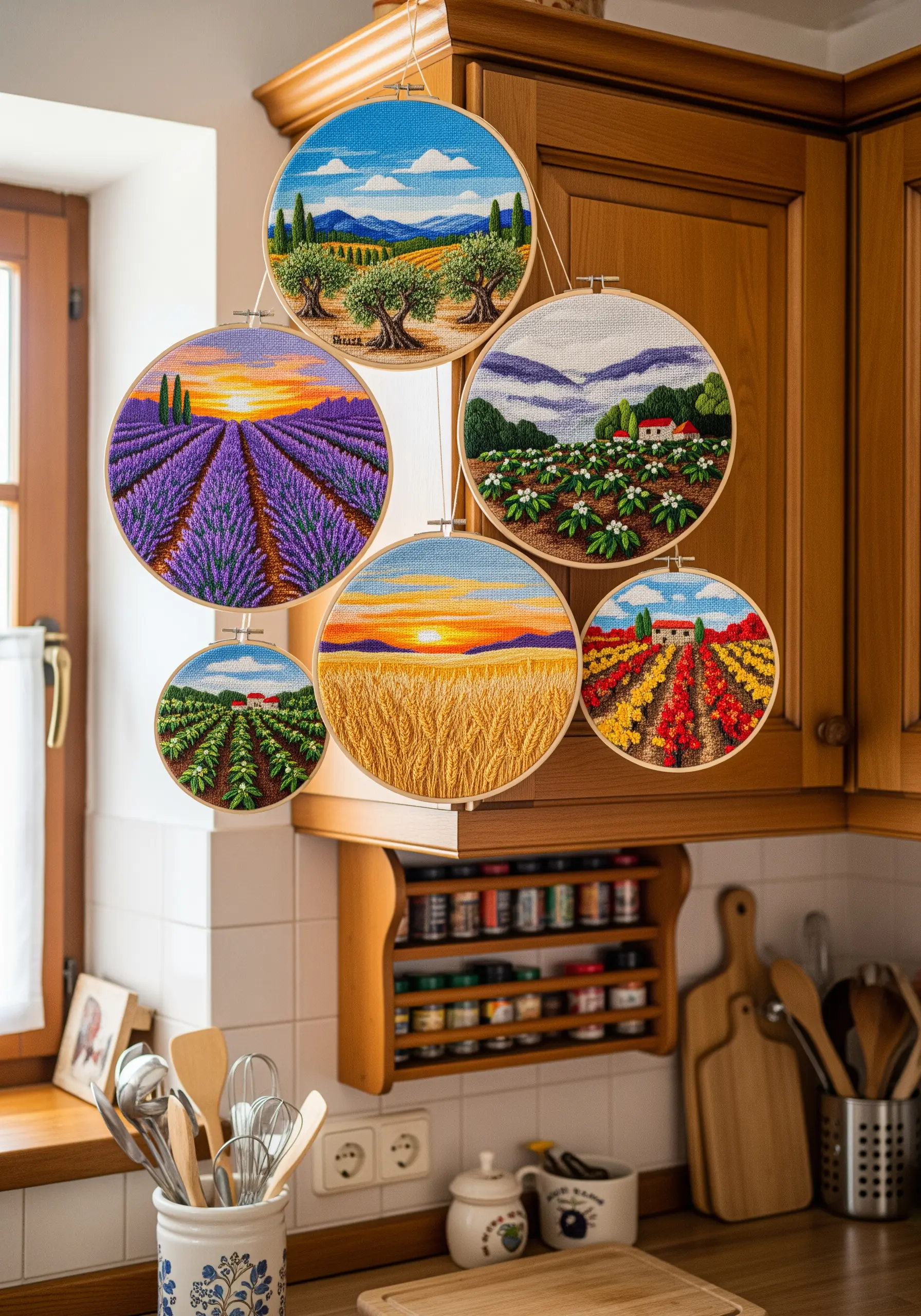 A hanging mobile made of multiple embroidery hoops depicting various colorful farm landscapes.