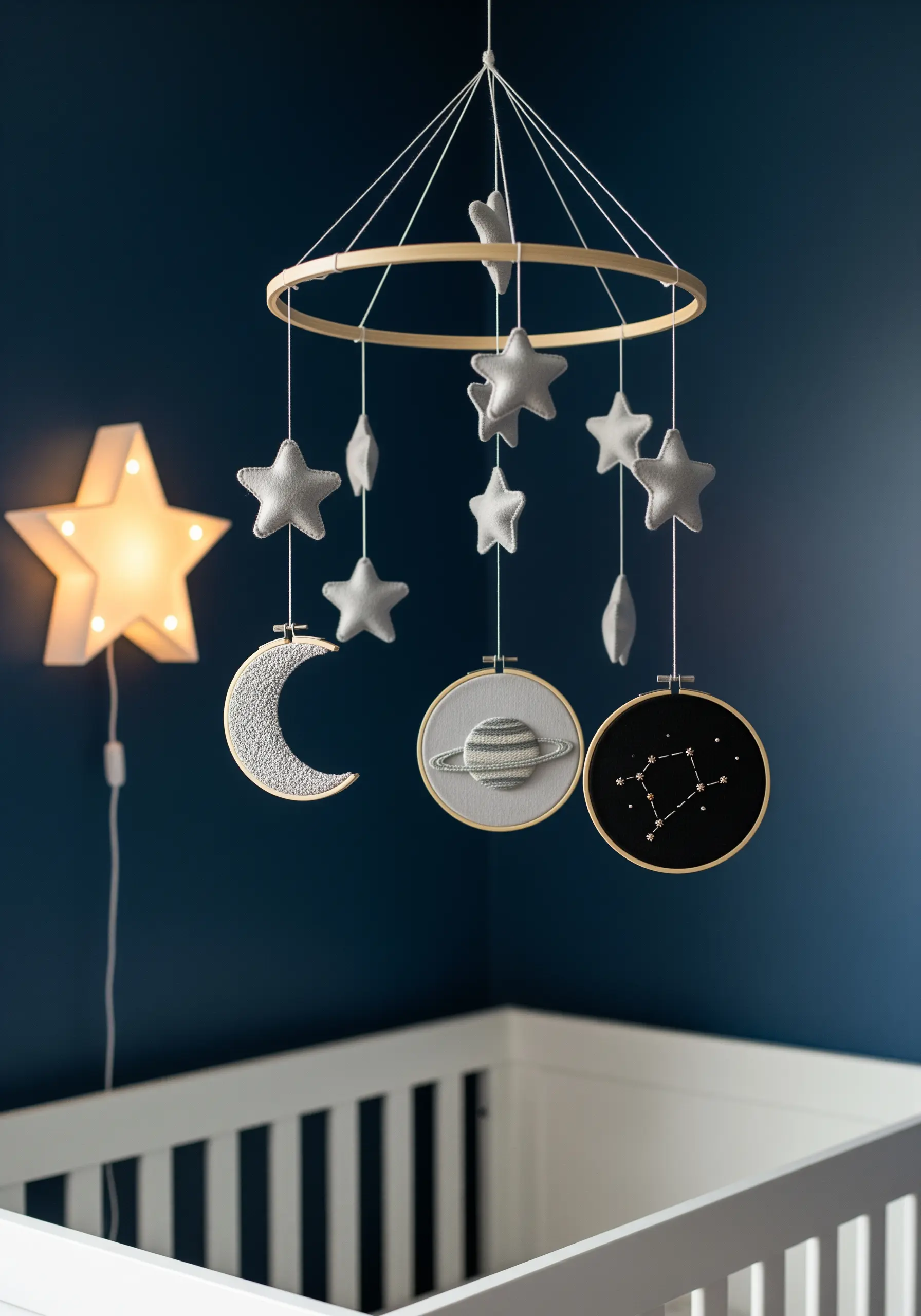 A nursery mobile made from embroidered hoops of a planet and constellation, plus felt stars.