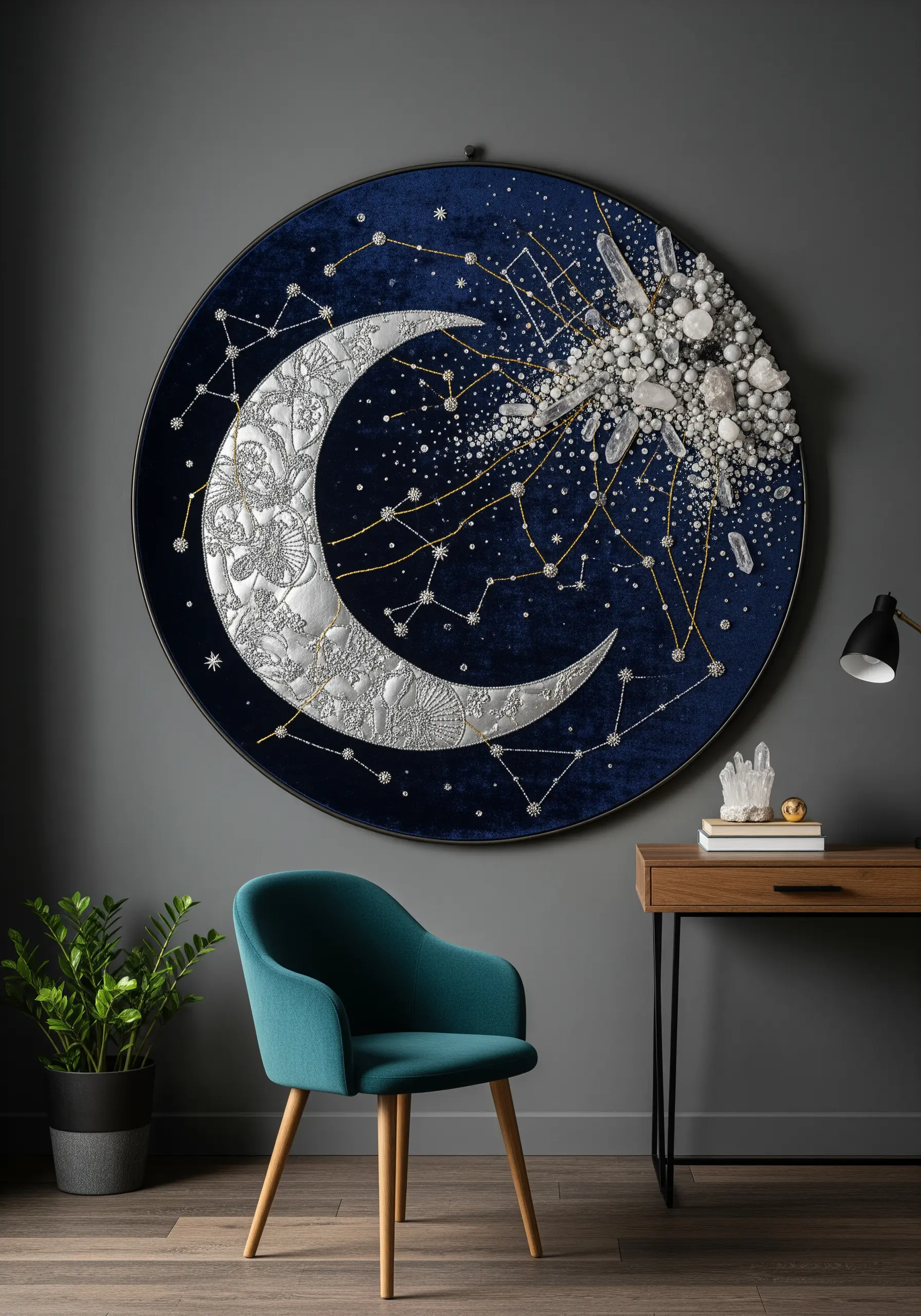 Large circular hoop with an embroidered moon, crystals, and metallic thread constellations on navy velvet.