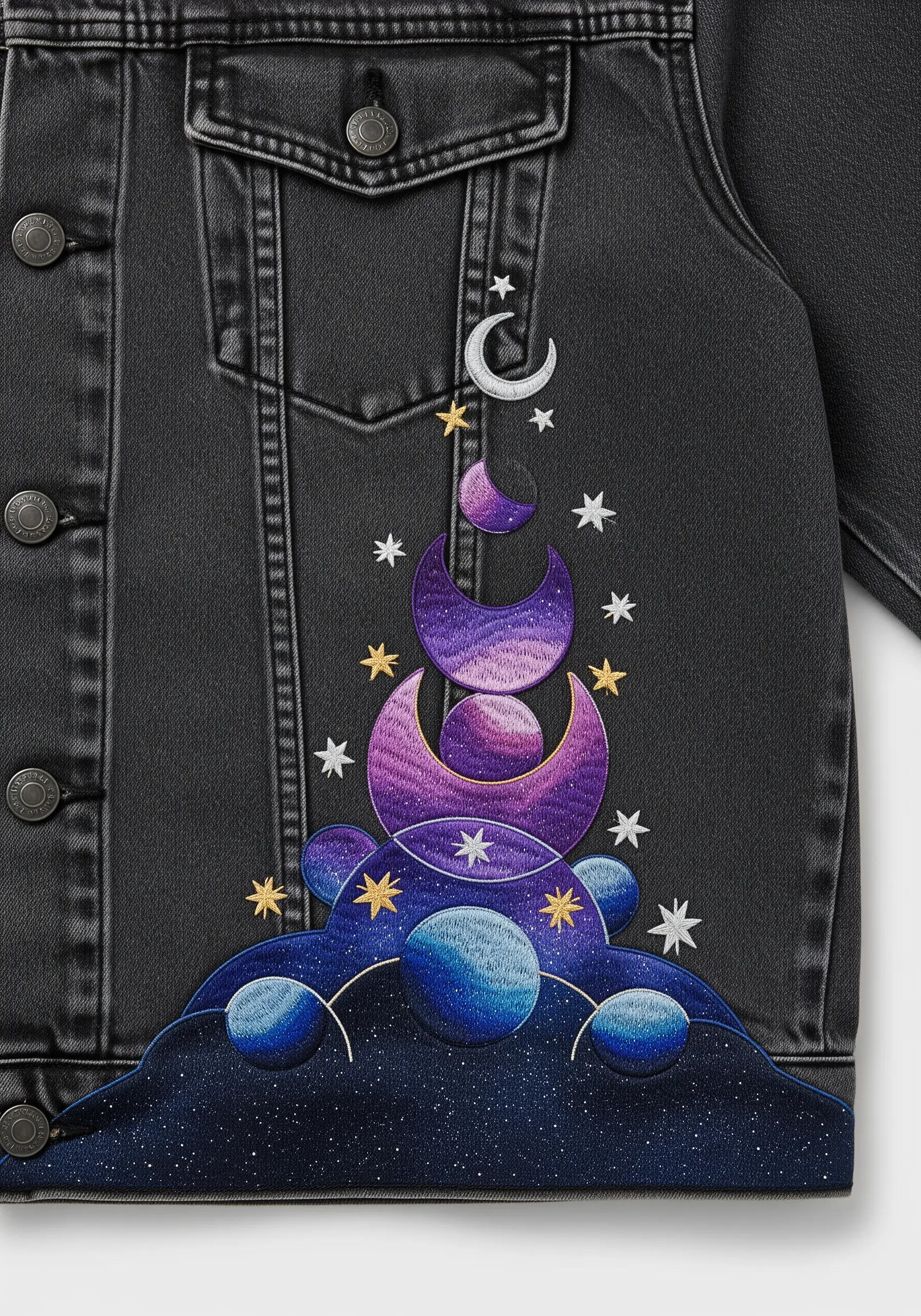 A celestial arrangement of embroidered moons and planets in purple and blue gradients.