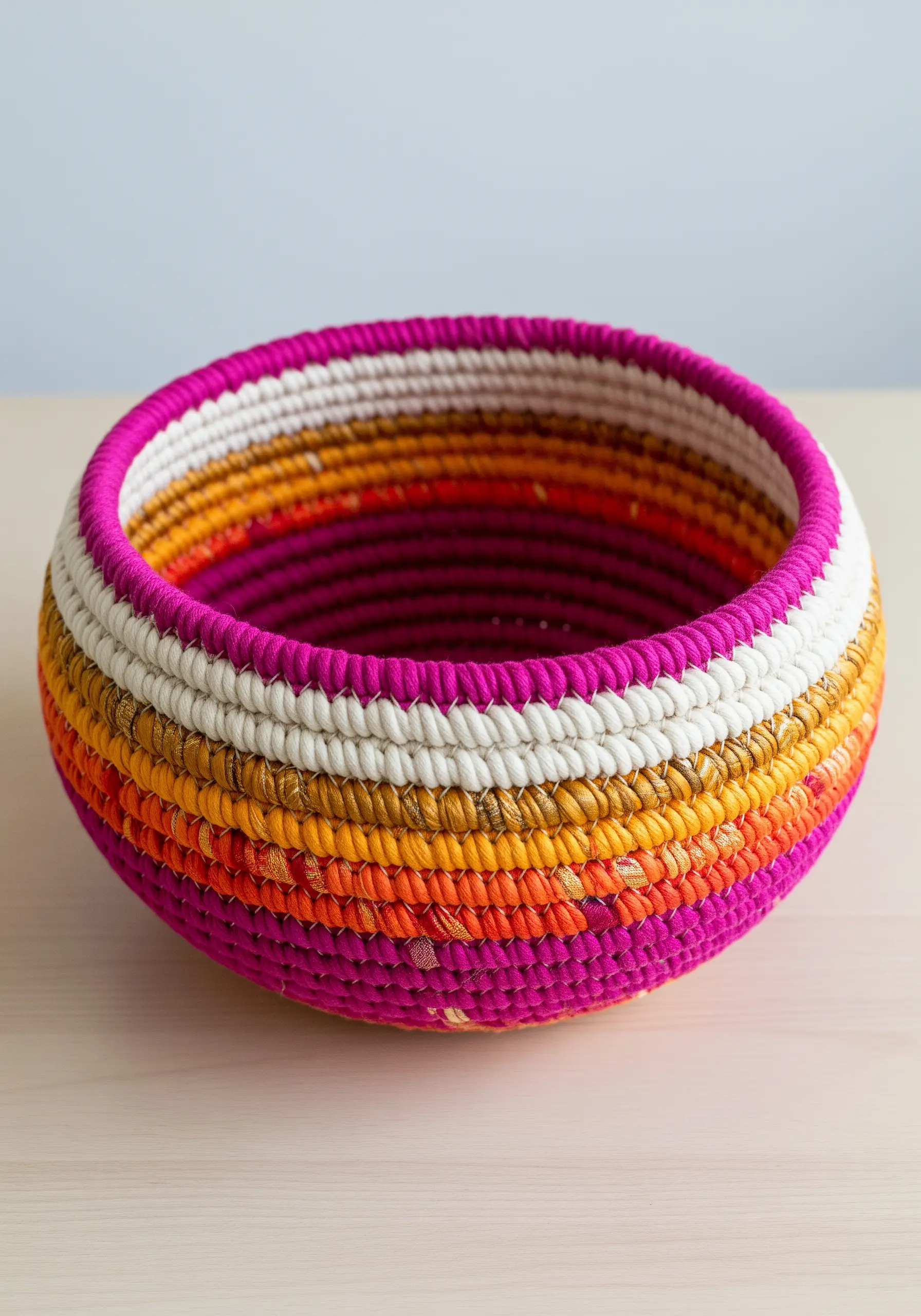 A coiled bowl made from rope wrapped in colorful pink, orange, and white fabric strips.