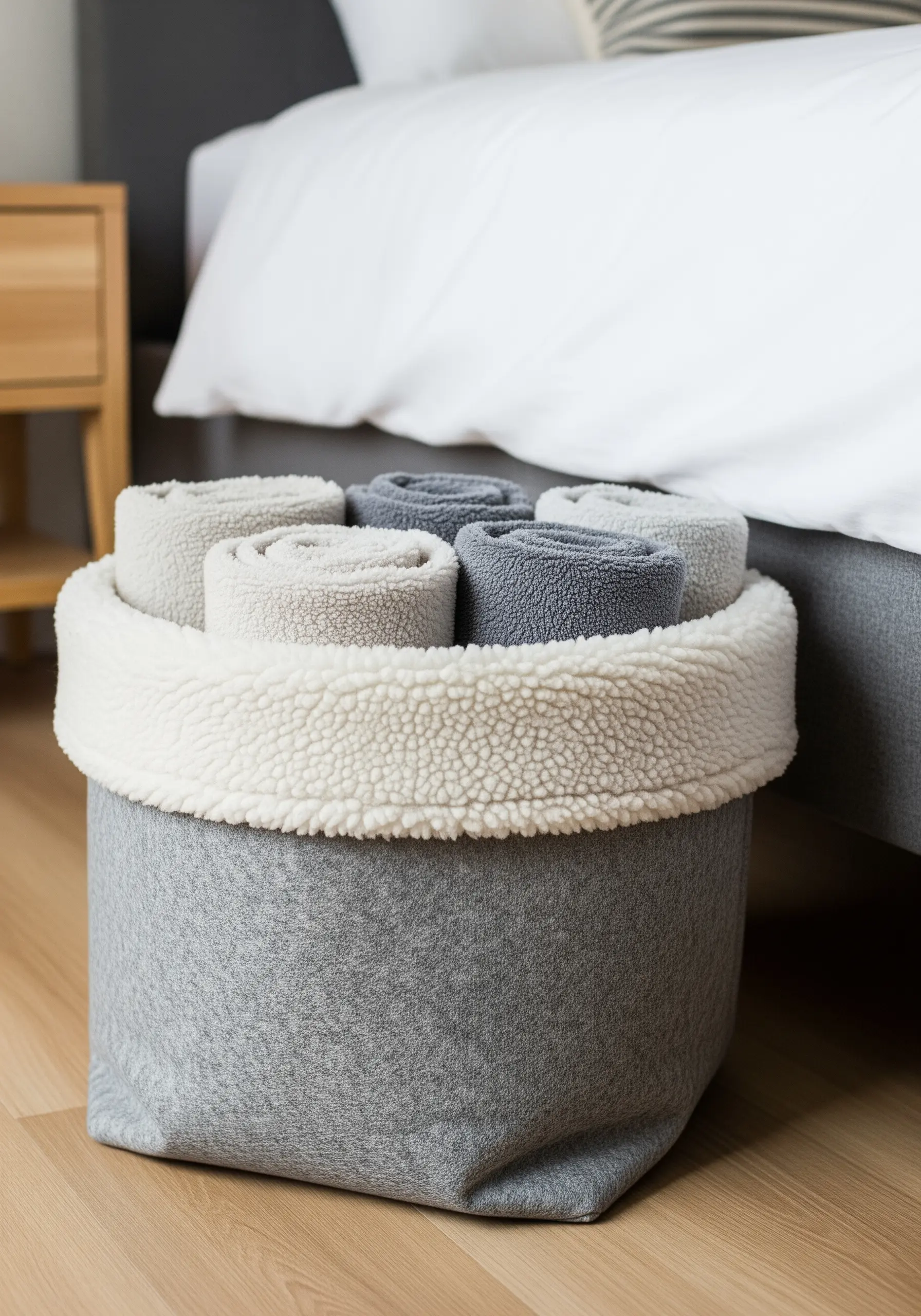 A grey felt storage basket with a fluffy white sherpa cuff, filled with rolled towels.