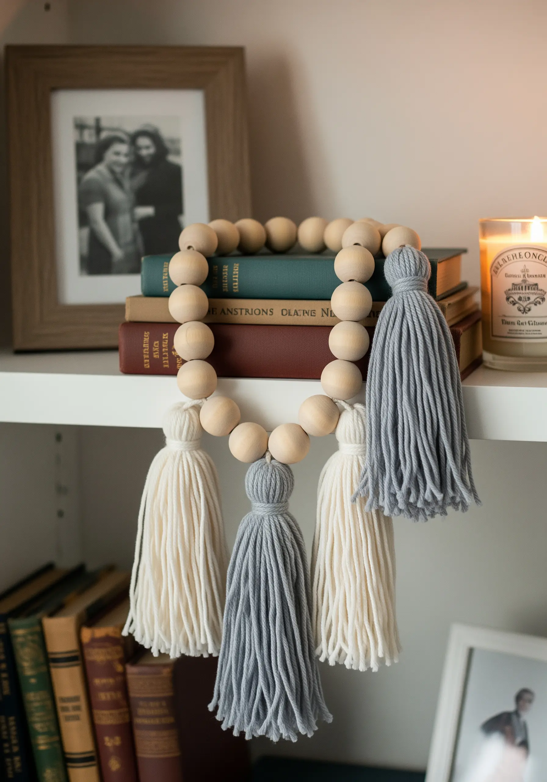 A garland made of large wooden beads and fluffy yarn tassels in grey and cream.