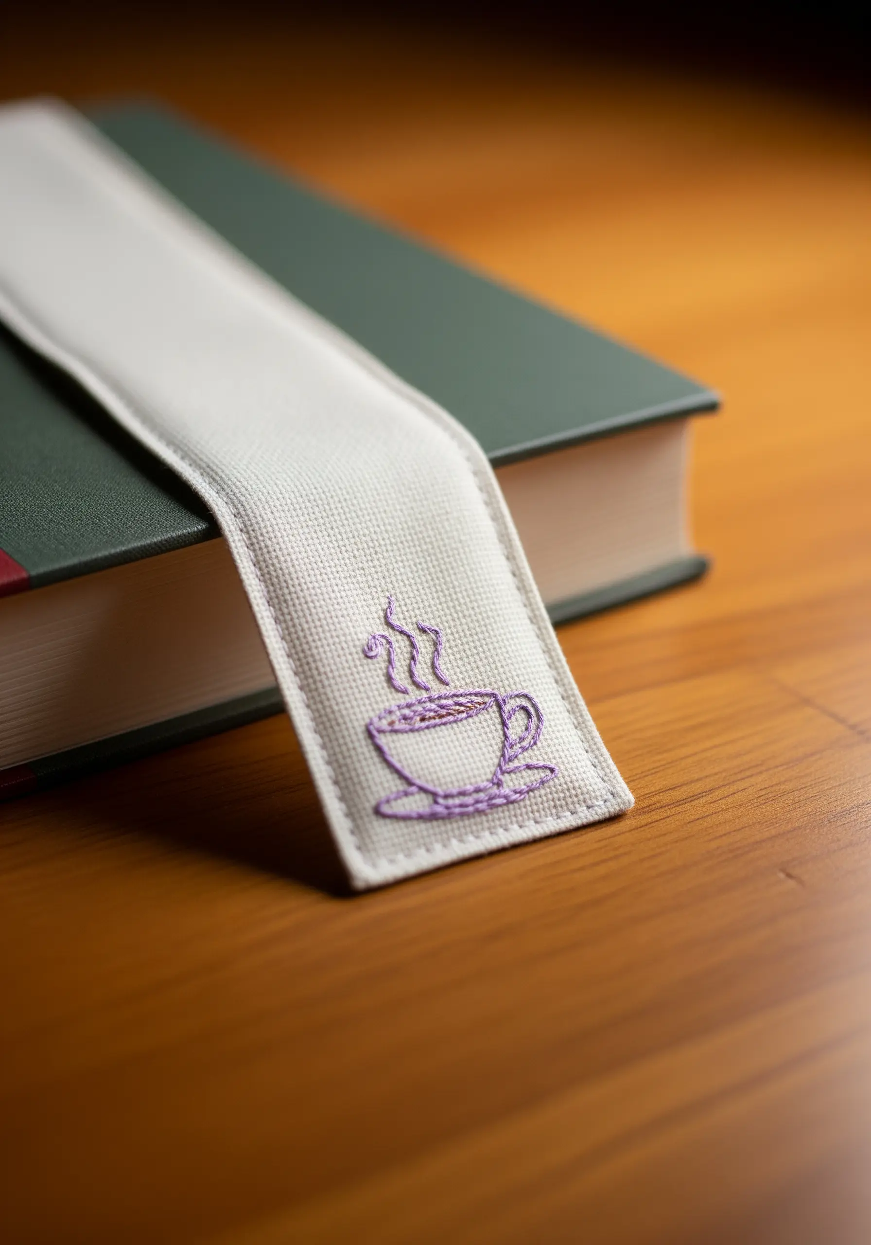 A small steaming coffee cup stitched in purple on a linen bookmark.