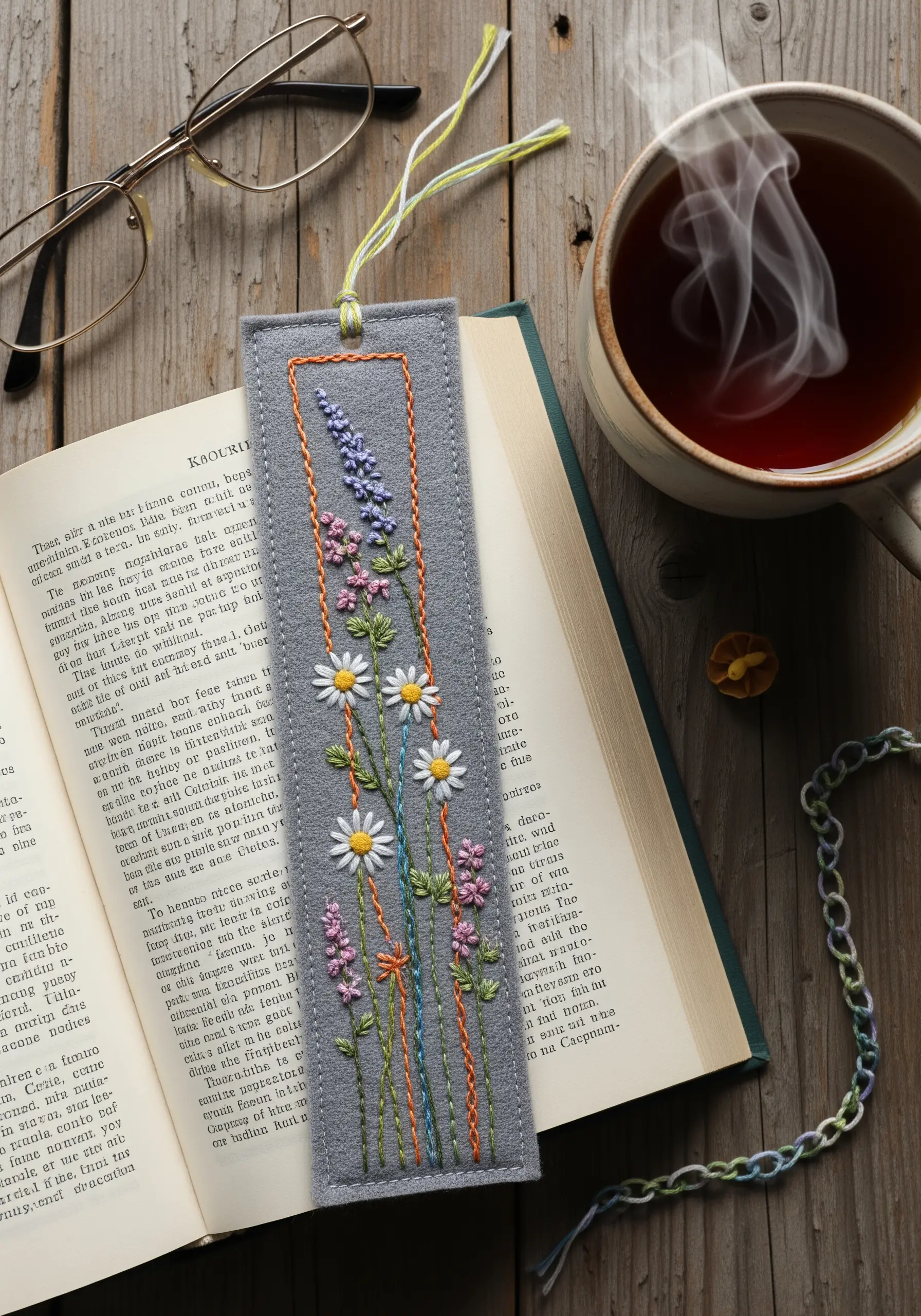 A hand-embroidered felt bookmark featuring daisies, lavender, and other colorful wildflowers.