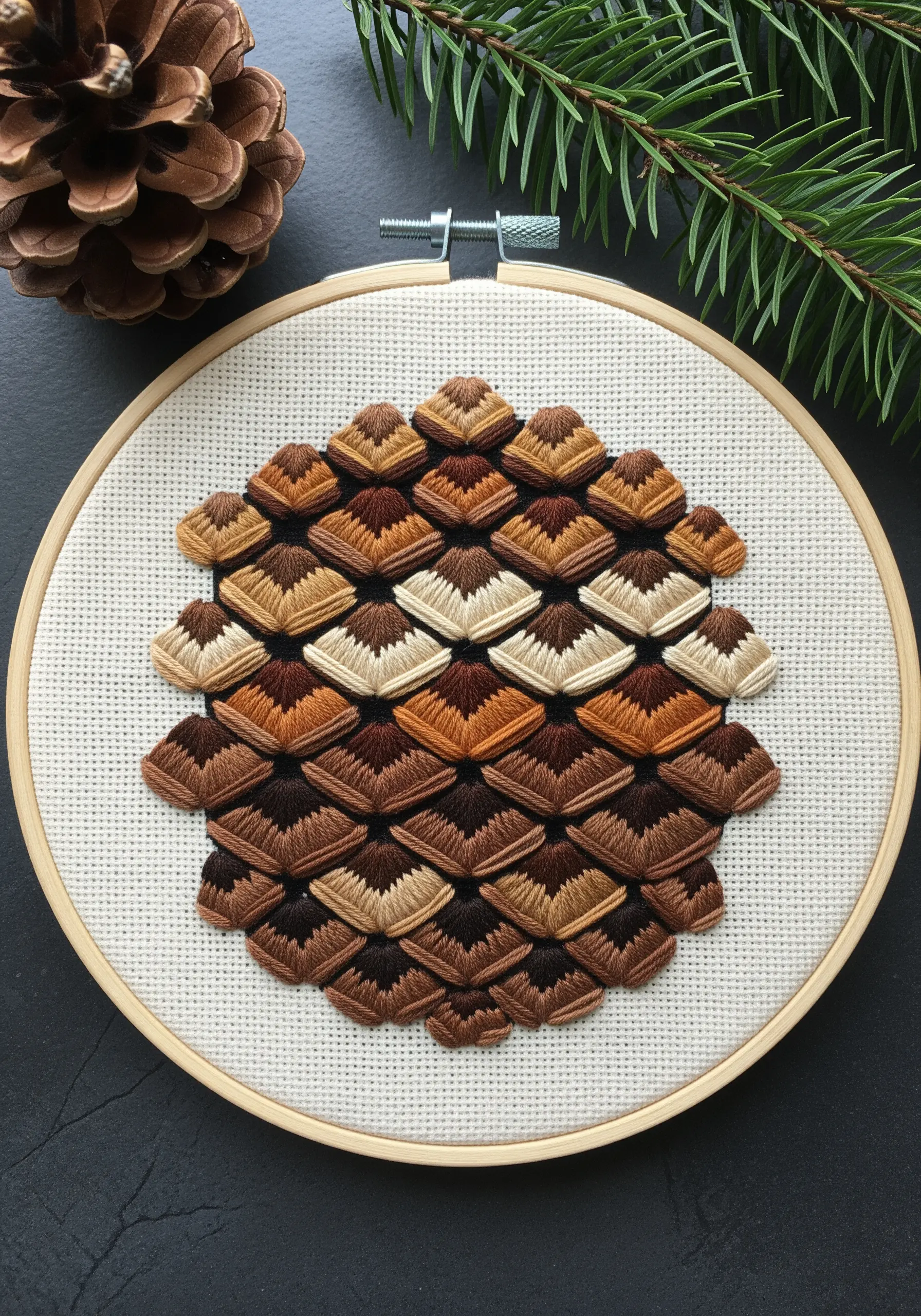 Embroidery of a pinecone with 3D, overlapping scales in shades of brown.