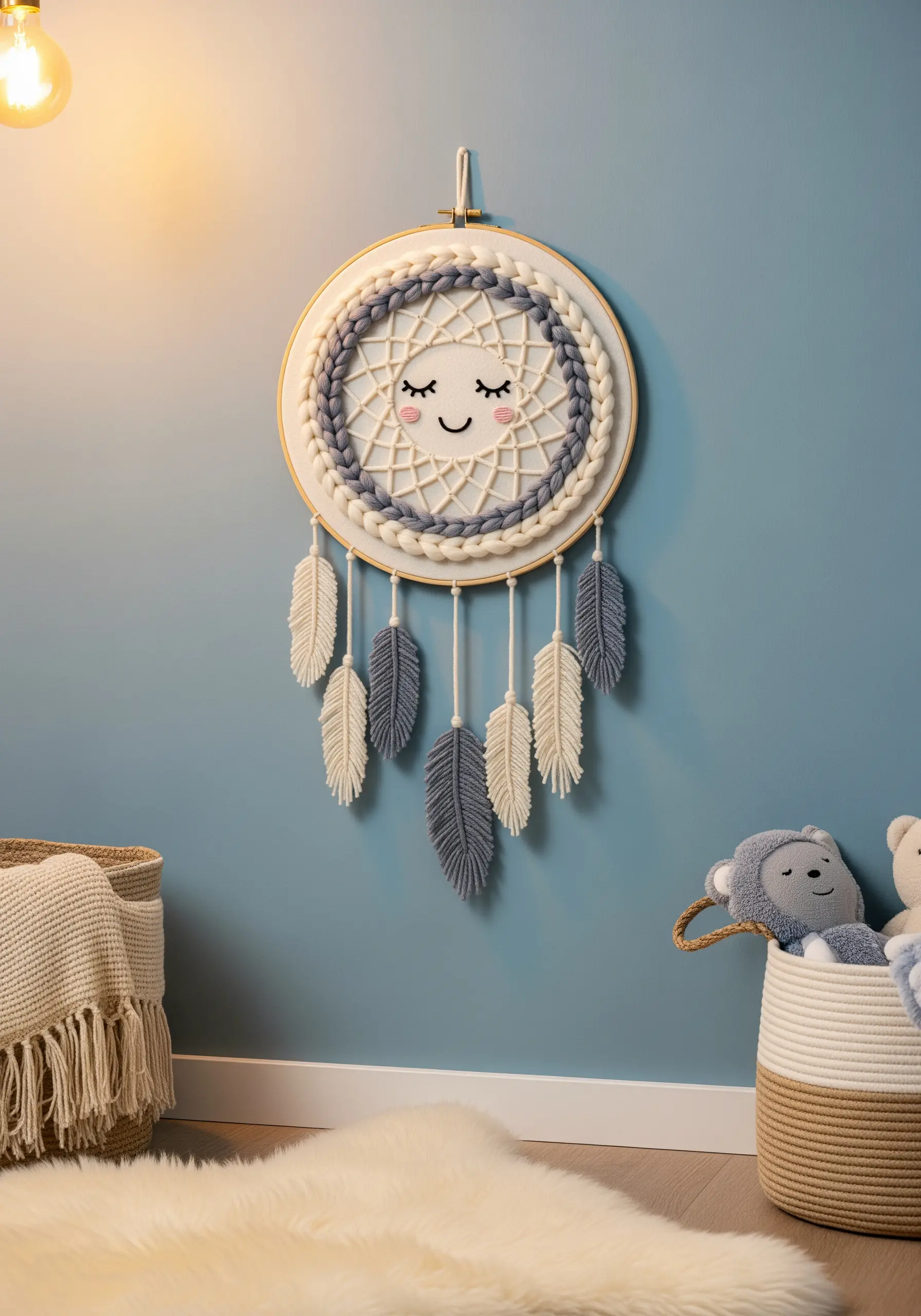 A hoop art dreamcatcher with a smiling face, braided yarn border, and stitched feathers.